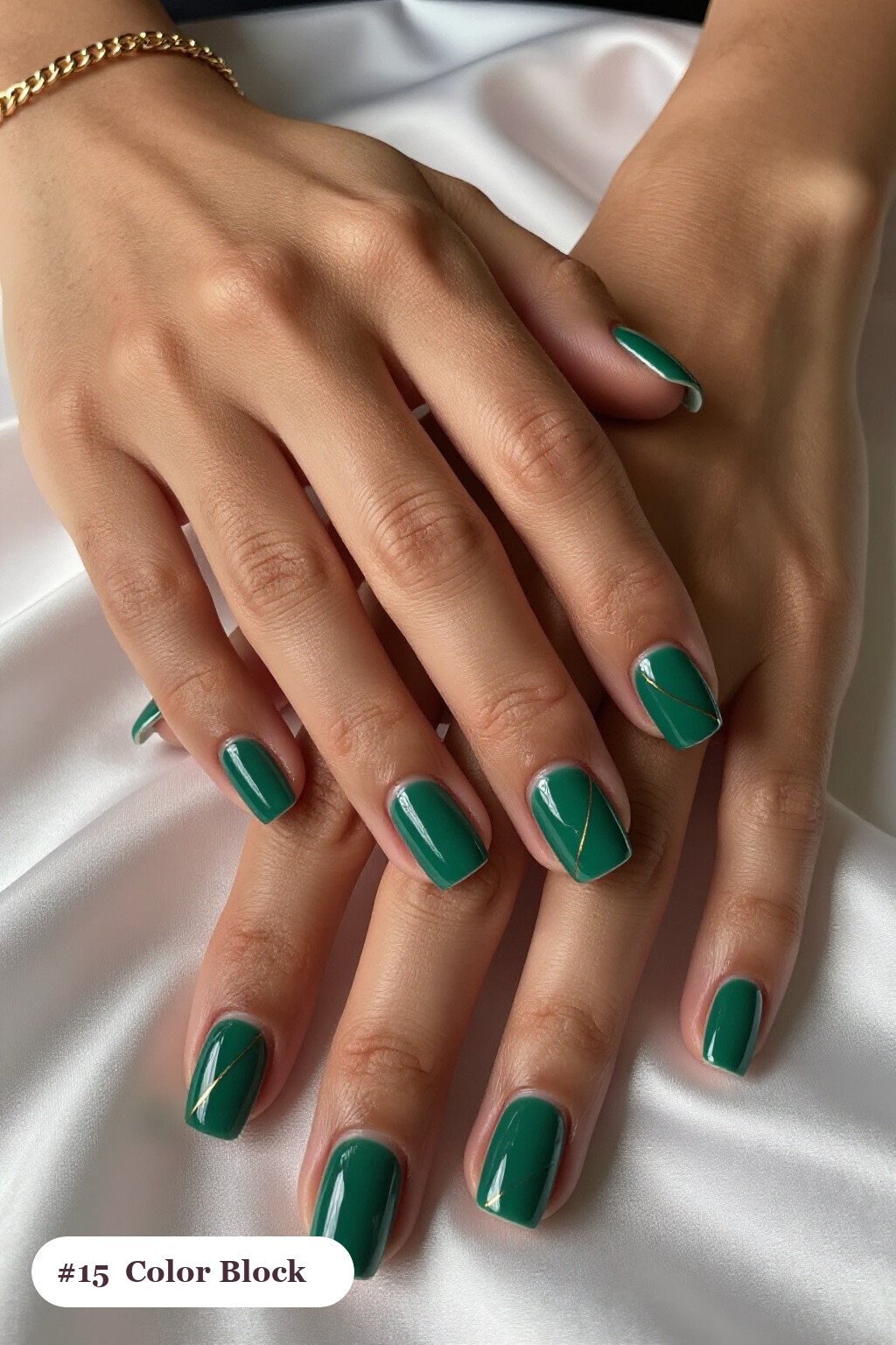 Emerald Green Short Square Colour‑Block Nails Split Diagonally with Gold Line: On Short Nails - simple thanksgiving nail ideas