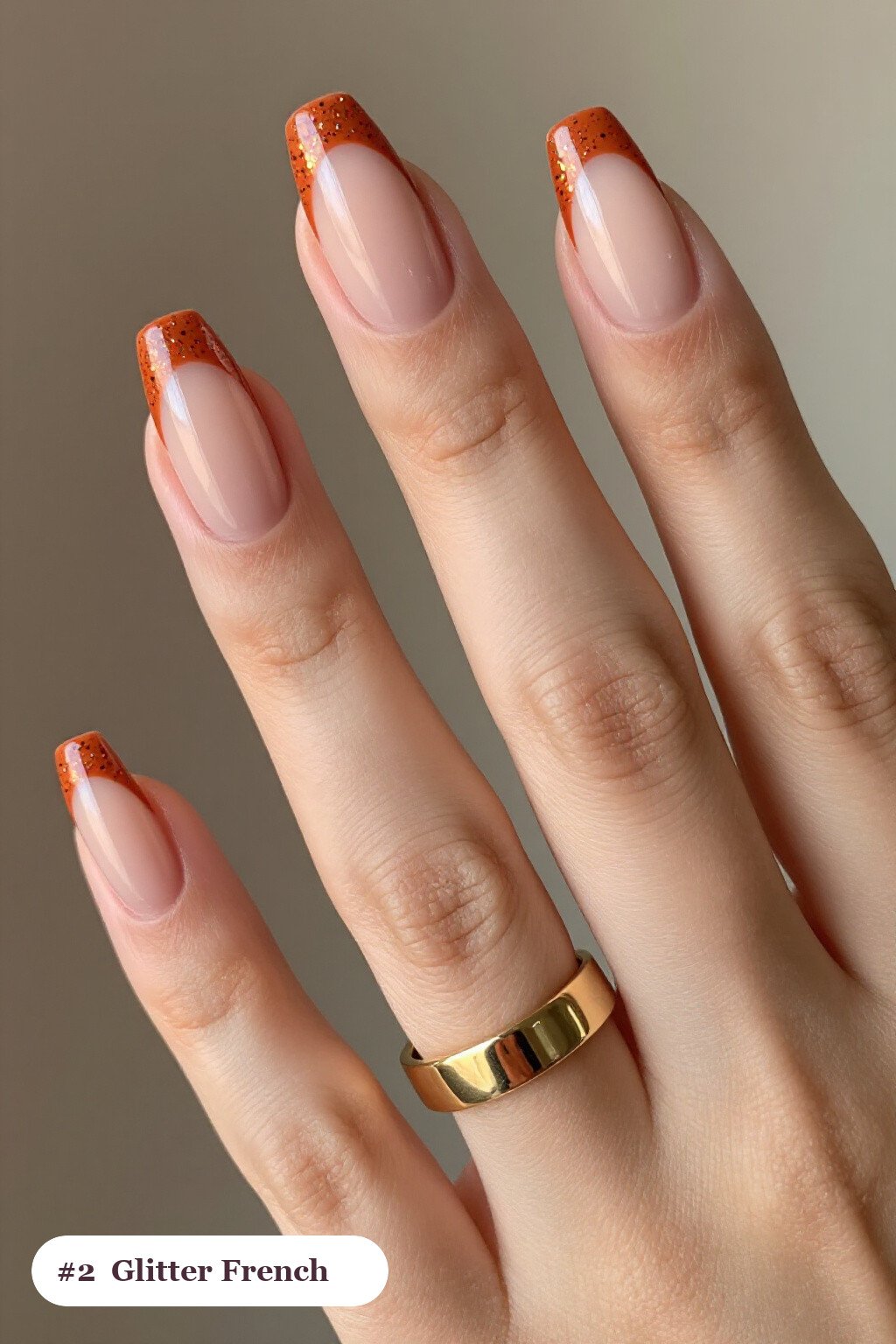 Terracotta Square Nails with Glitter French Tips on a Nude Sheer Base - simple thanksgiving nail ideas