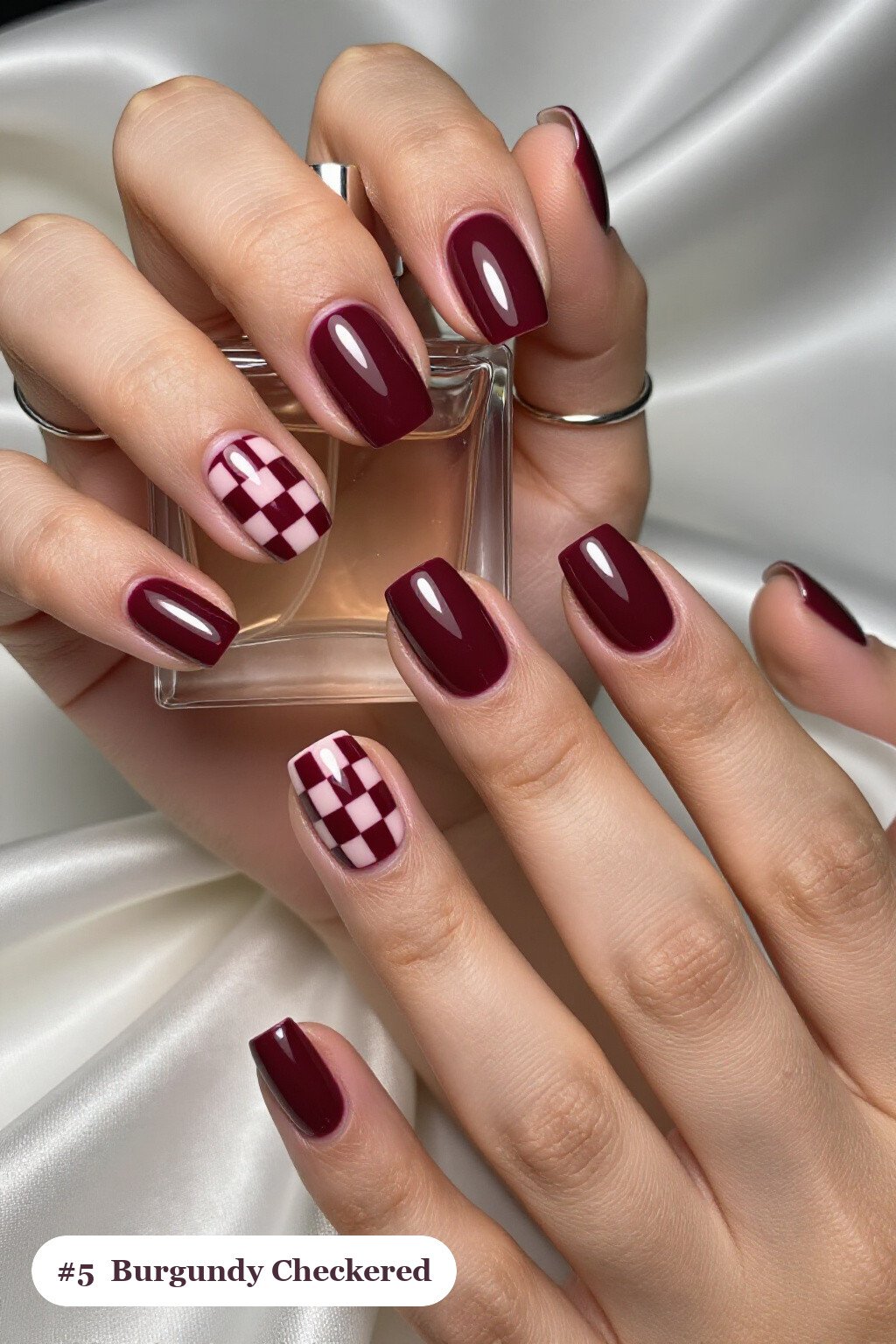 Burgundy Short Square Nails Featuring a Bold Checkerboard Accent Pair - simple thanksgiving nail ideas
