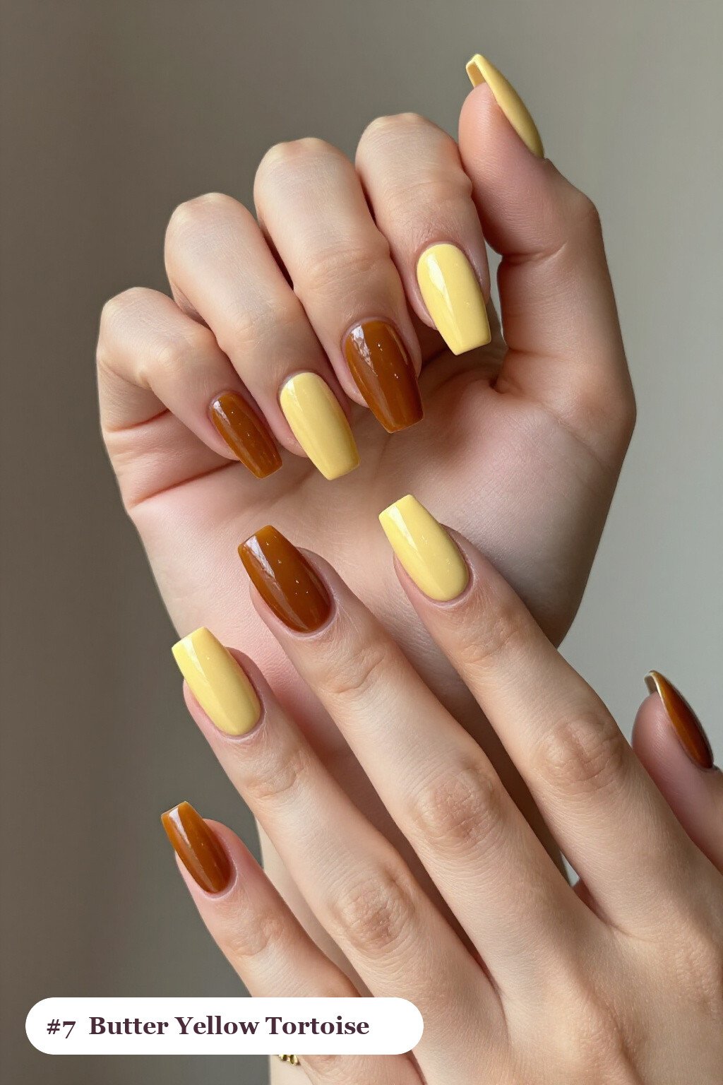 Butter Yellow Long Square Nails with Amber Tortoiseshell Accent Details - simple thanksgiving nail ideas