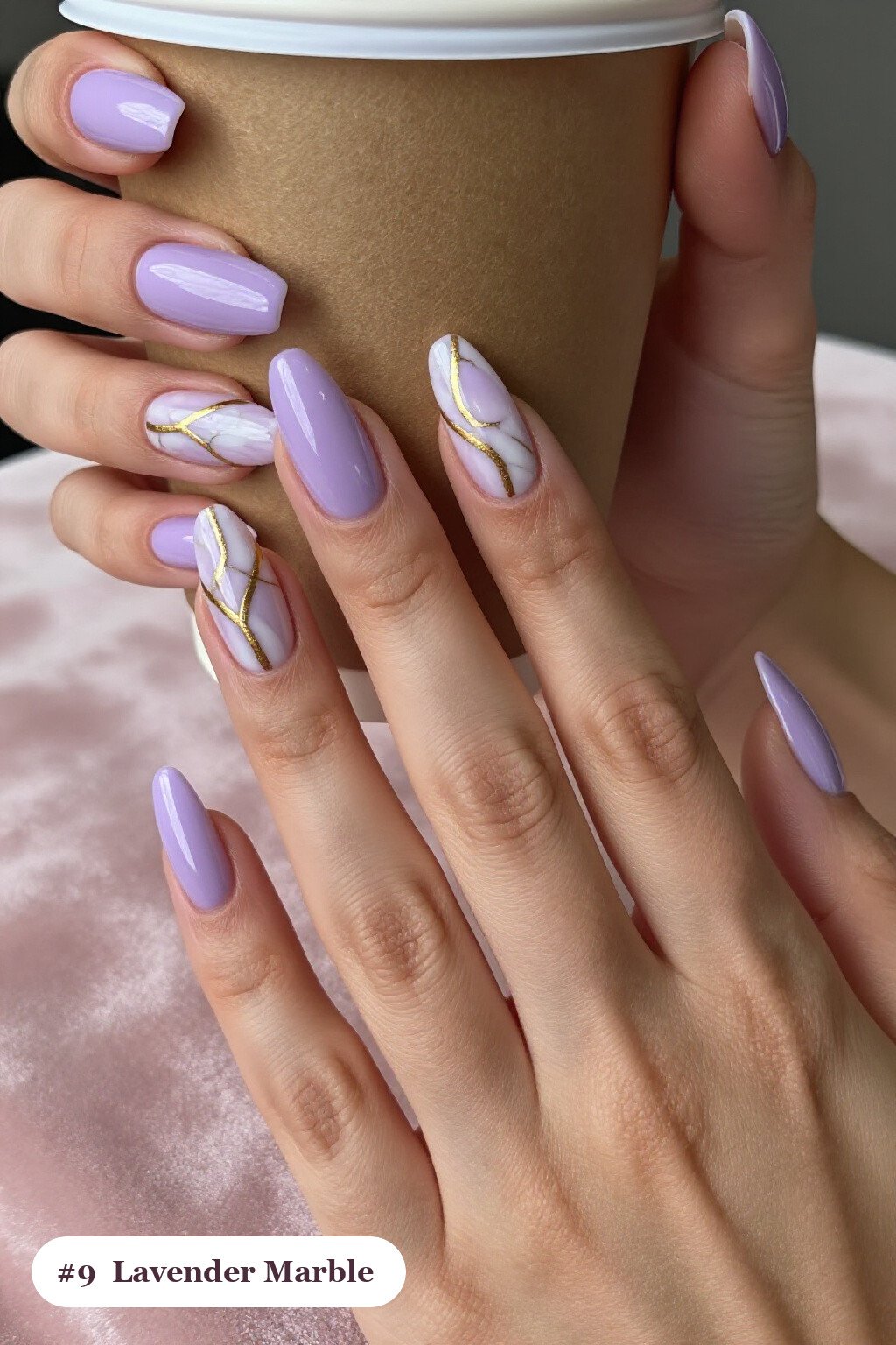 Lavender Coffin Nails Showcasing White‑Gold Marble Veins - simple thanksgiving nail ideas