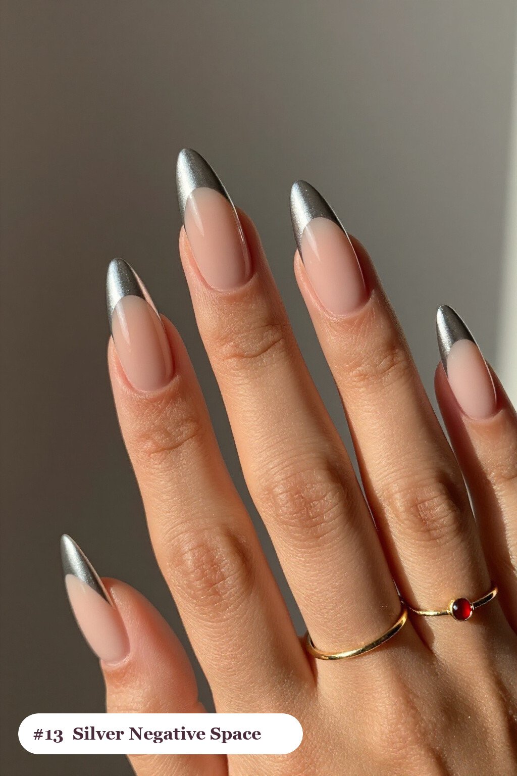 Simple Winter Nails: Negative‑Space Silver Stiletto with Bold Shapes - simple winter nails Simple Winter Nails: Negative‑Space Silver Stiletto with Bold Shapes - simple winter nails