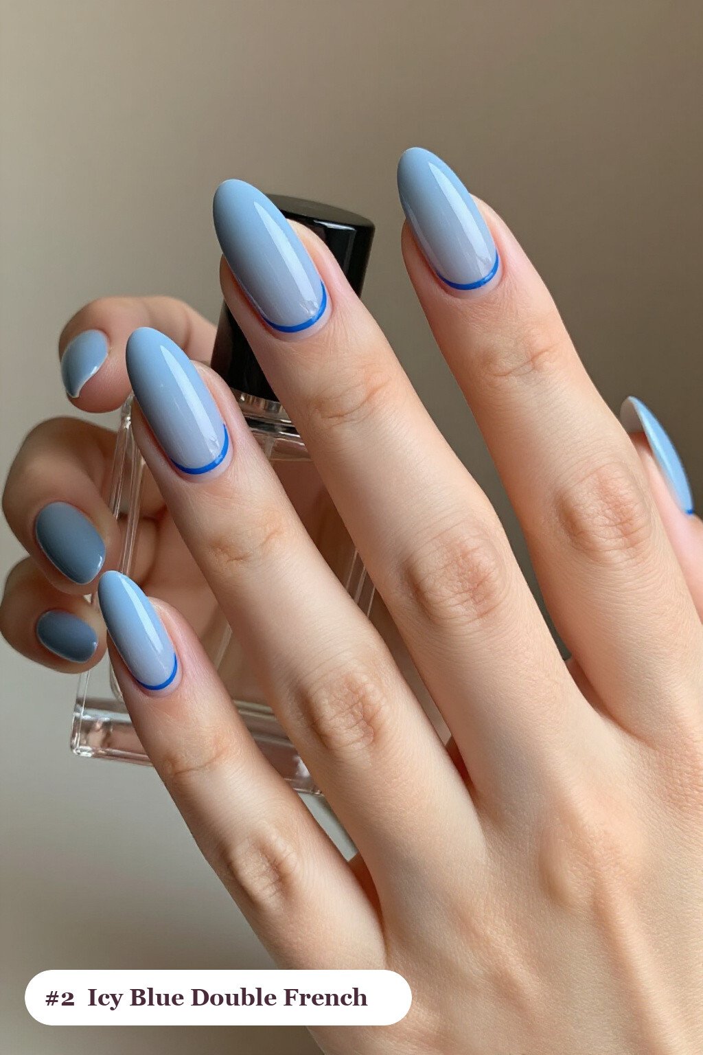 Almond Icy‑Blue Double‑Line French with Two‑Tone Tips - simple winter nails Almond Icy‑Blue Double‑Line French with Two‑Tone Tips - simple winter nails