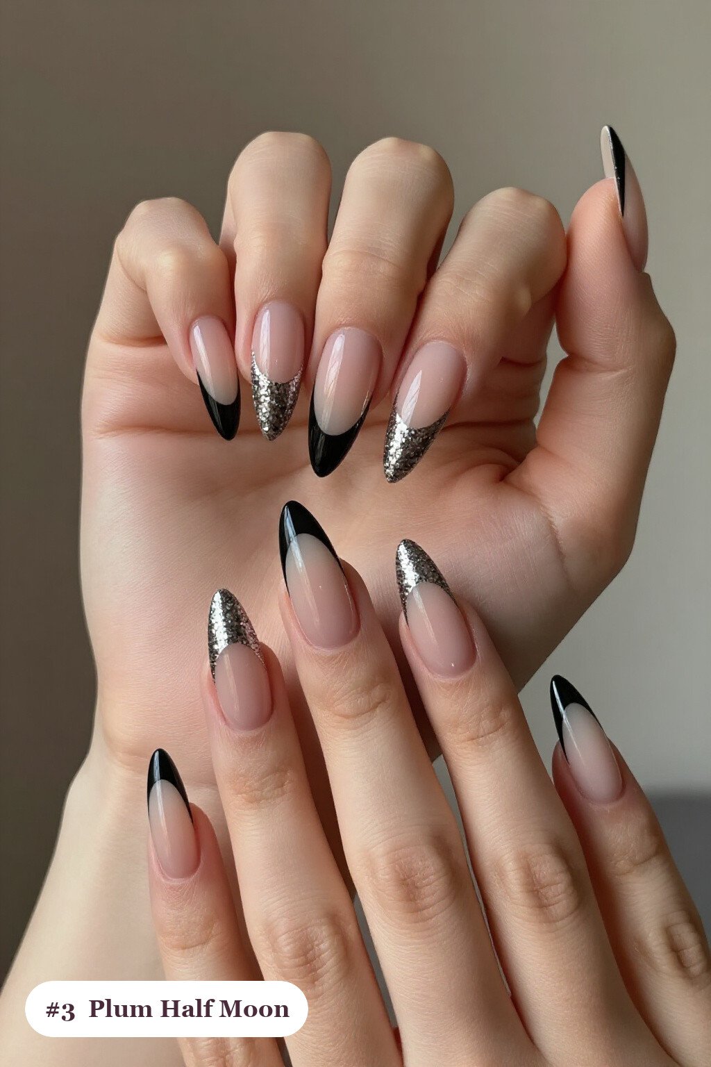 Simple Winter Nails: Stiletto Plum Half‑Moon with Glitter Crescent - simple winter nails Simple Winter Nails: Stiletto Plum Half‑Moon with Glitter Crescent - simple winter nails