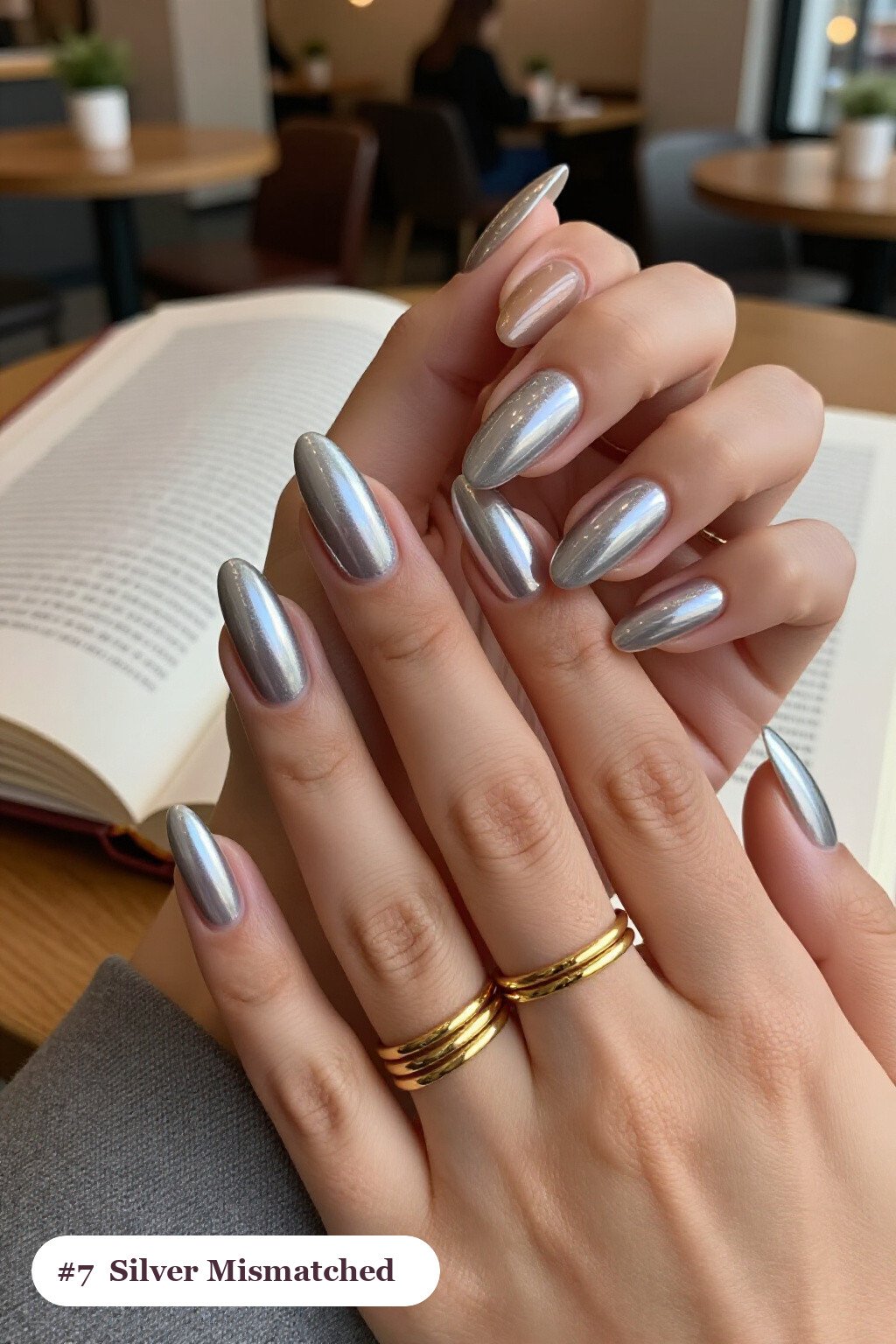 Mismatched Silver Almond Set – Same Hue, Different Patterns - simple winter nails Mismatched Silver Almond Set – Same Hue, Different Patterns - simple winter nails