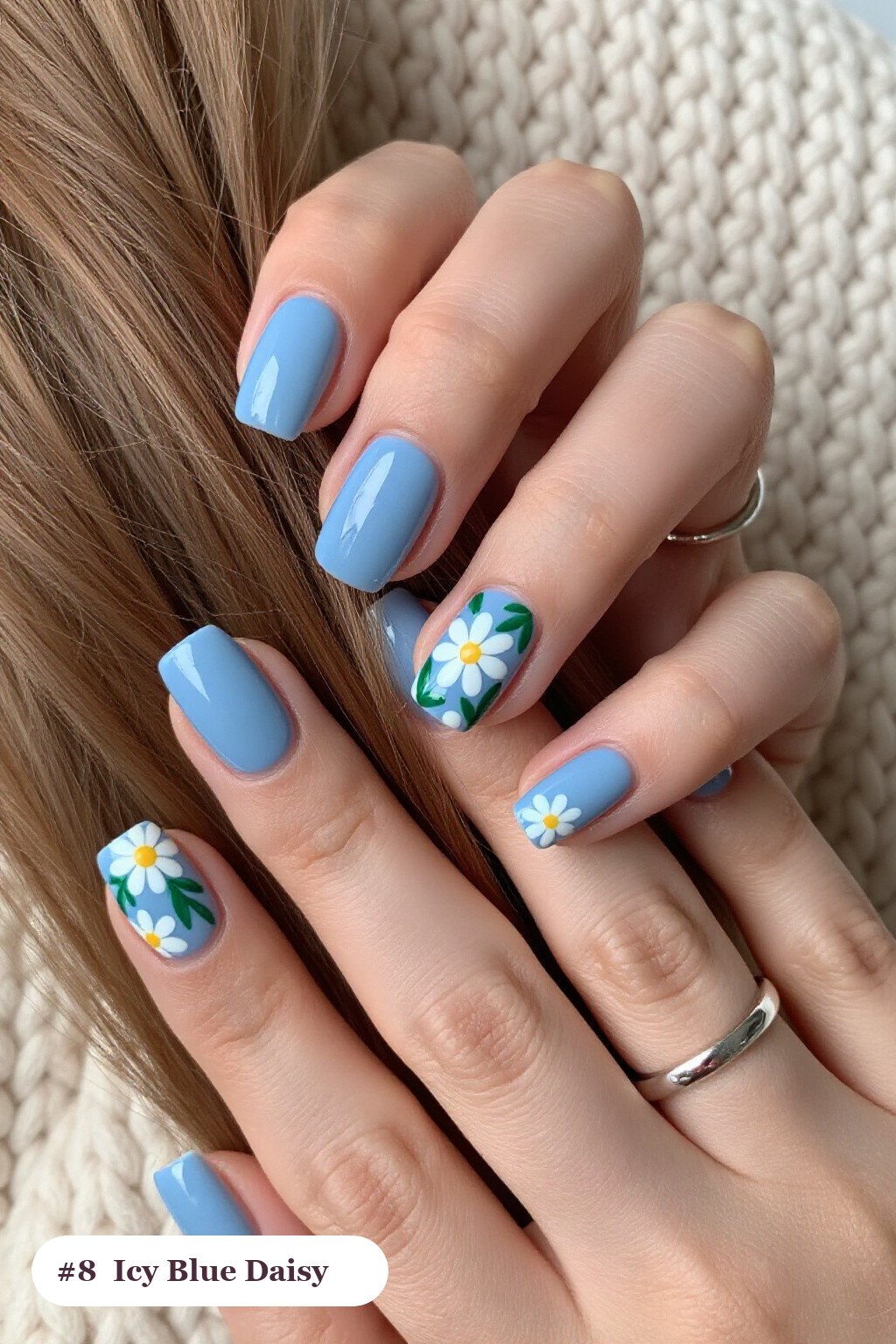 Icy Blue Daisies on Short Square Nails: On Short Nails - simple winter nails Icy Blue Daisies on Short Square Nails: On Short Nails - simple winter nails