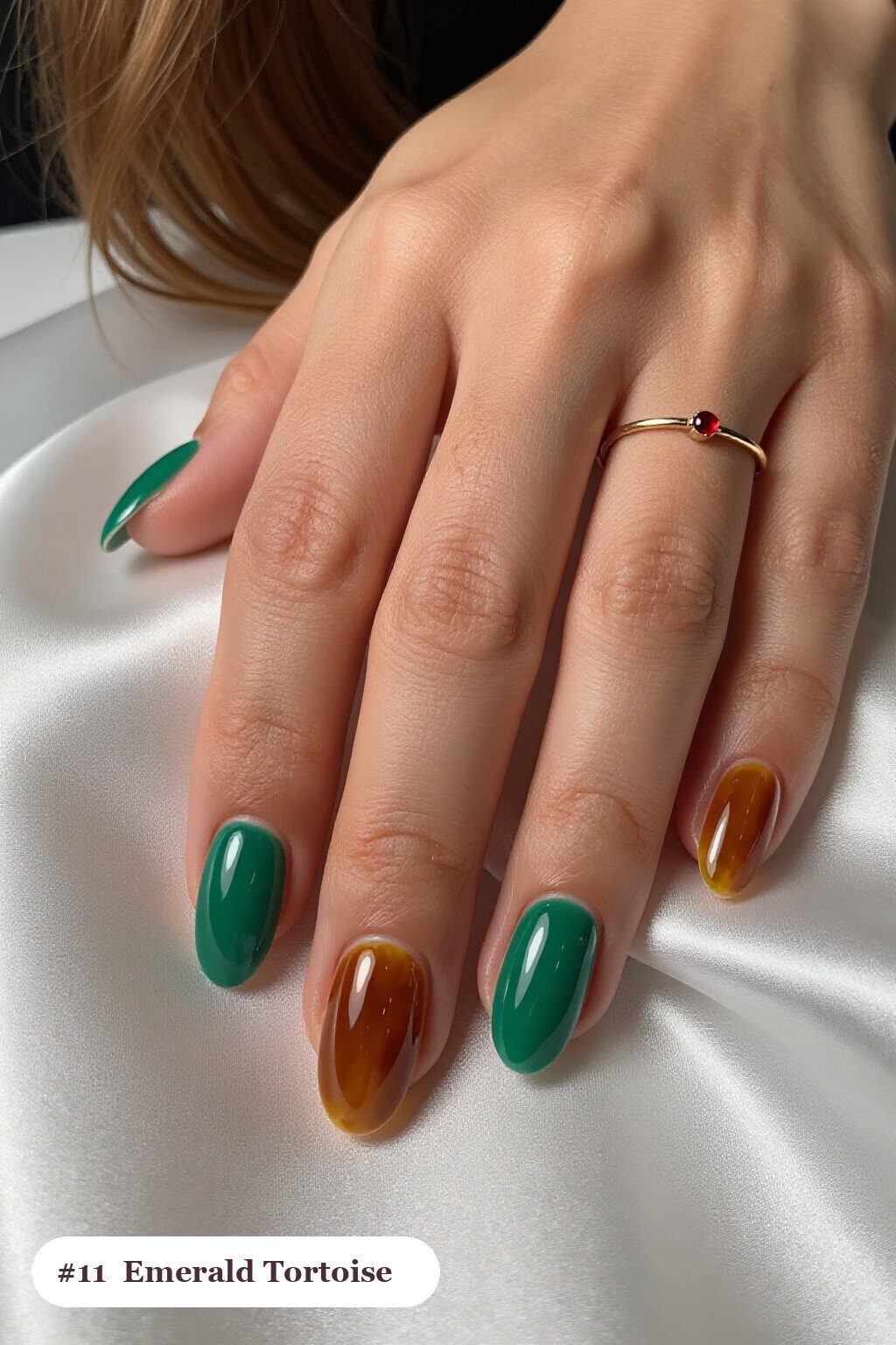 Emerald Almond Nails Featuring Glossy Amber Tortoiseshell on Two Accent Tips - simple winter short nails Emerald Almond Nails Featuring Glossy Amber Tortoiseshell on Two Accent Tips - simple winter short nails