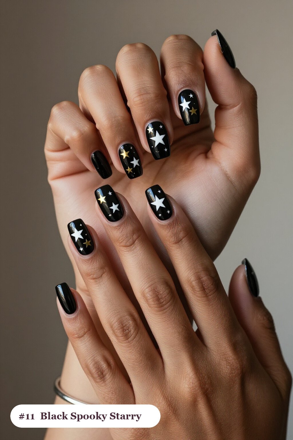 Black Medium Squares Dotted with White and Gold Stars and Sparkles - spooky halloween nails