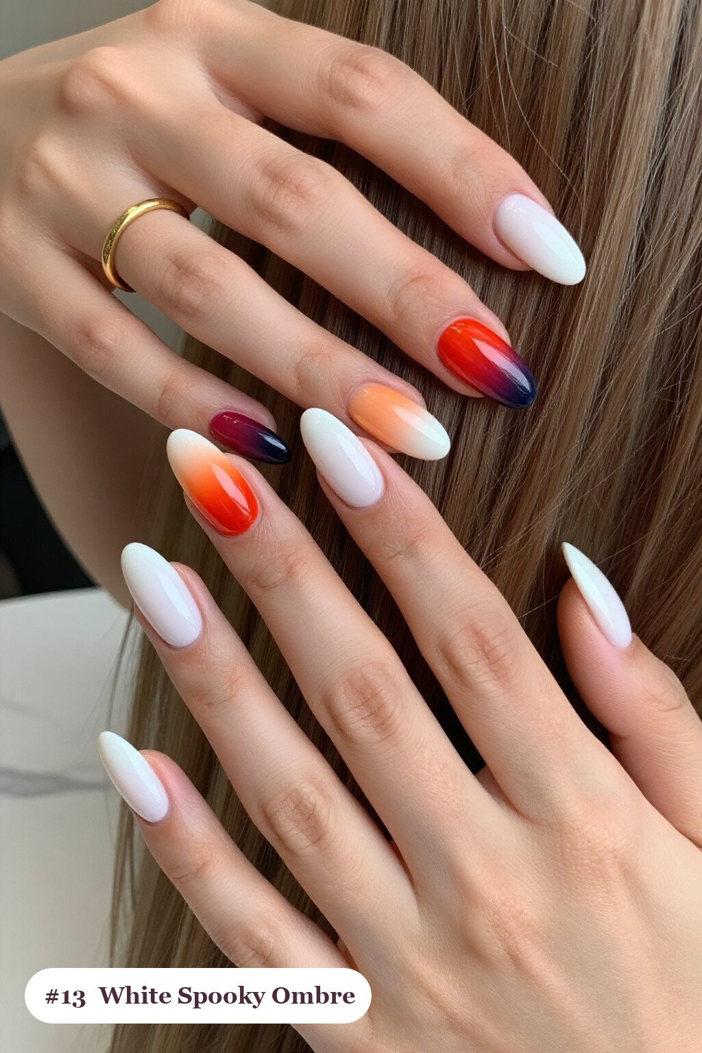 Bone‑White Medium Almonds Showcasing Vivid Two‑Colour Ombre Melt - spooky halloween nails