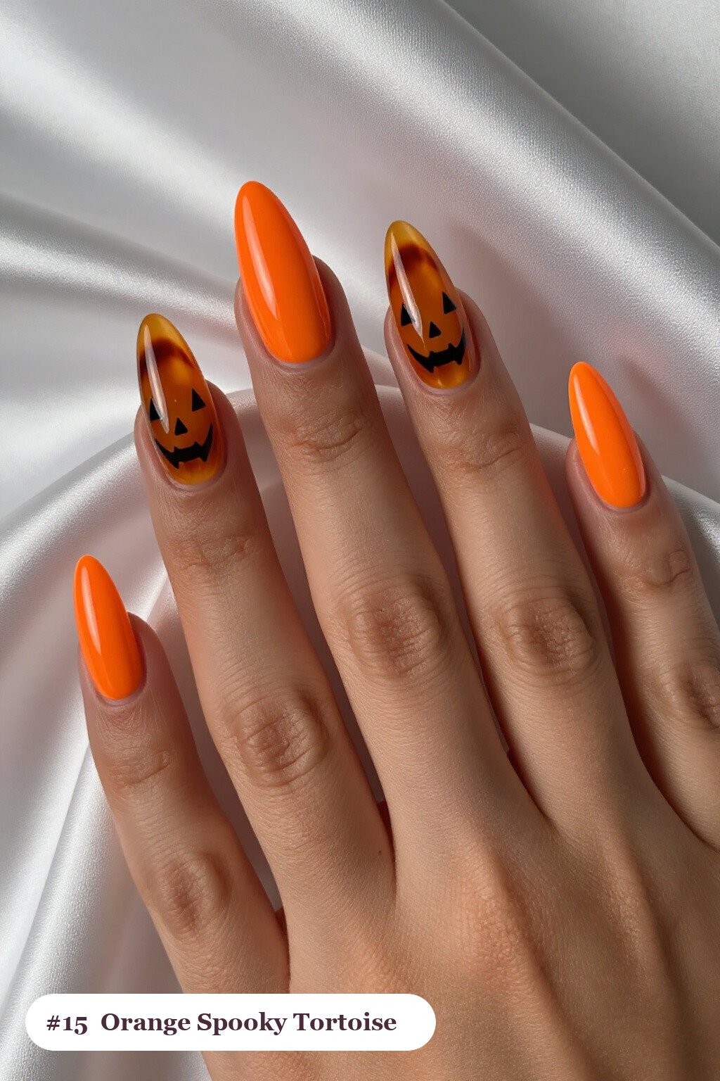 Orange Long Ballerina Nails with Glossy Amber Tortoiseshell Accents - spooky halloween nails