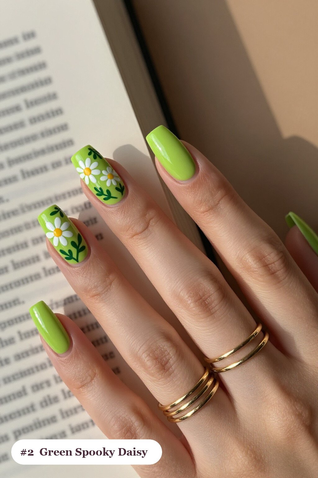 Lime‑Green Long Squares Bursting with Hand‑Painted Daisies: Spooky Halloween Nails - spooky halloween nails