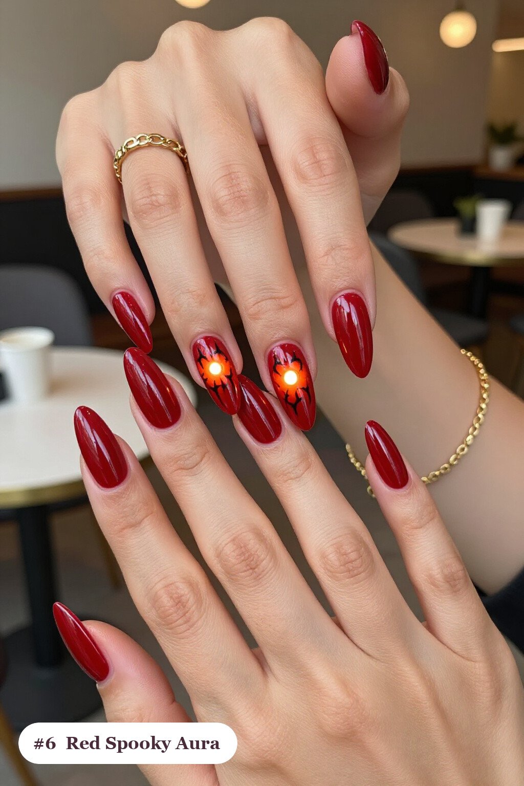 Blood‑Red Long Coffin Nails Glowing Airbrushed Aura Centerpiece - spooky halloween nails
