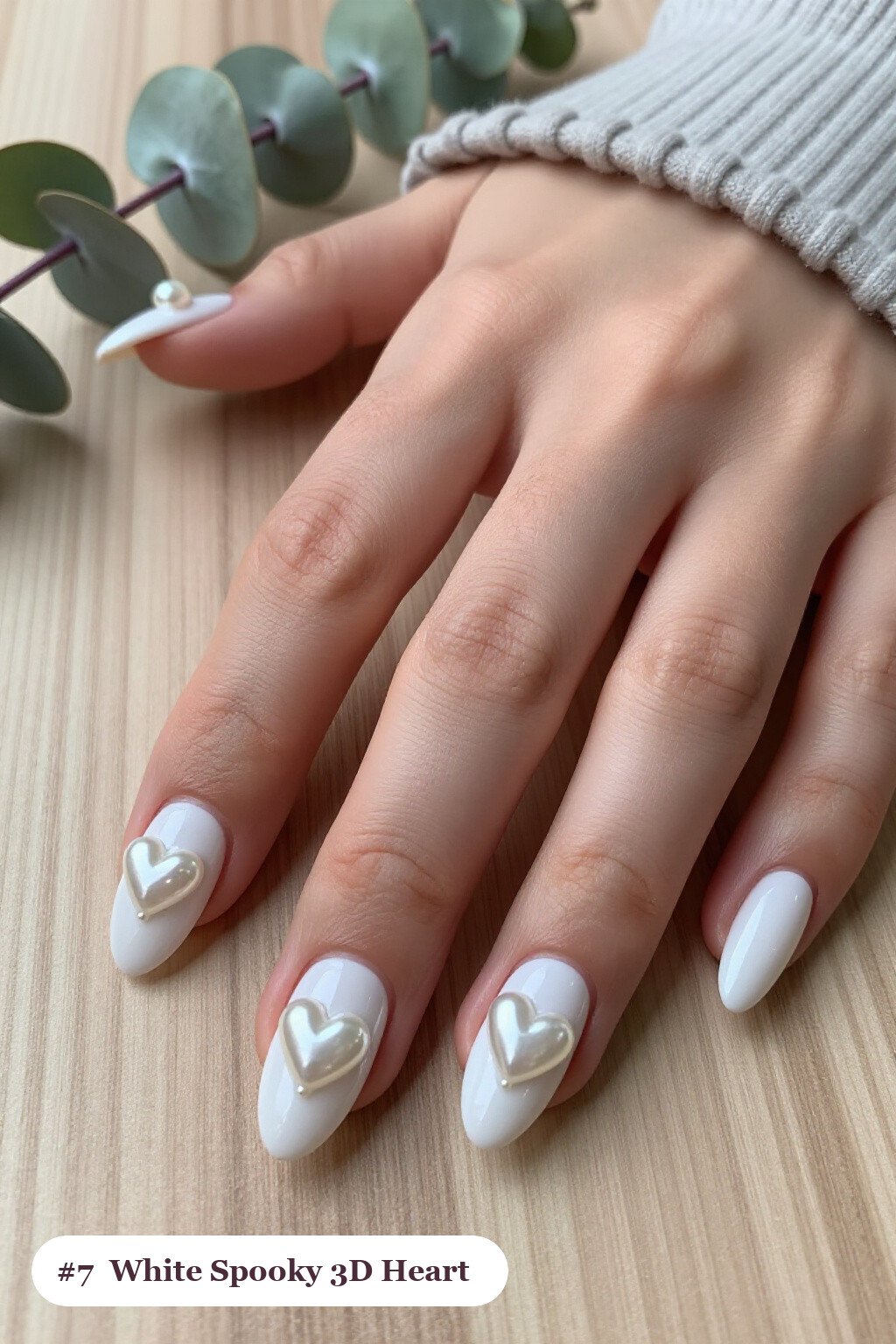 Bone‑White Medium Coffin Nails Decorated with Chunky 3D Gel Hearts and Pearls - spooky halloween nails