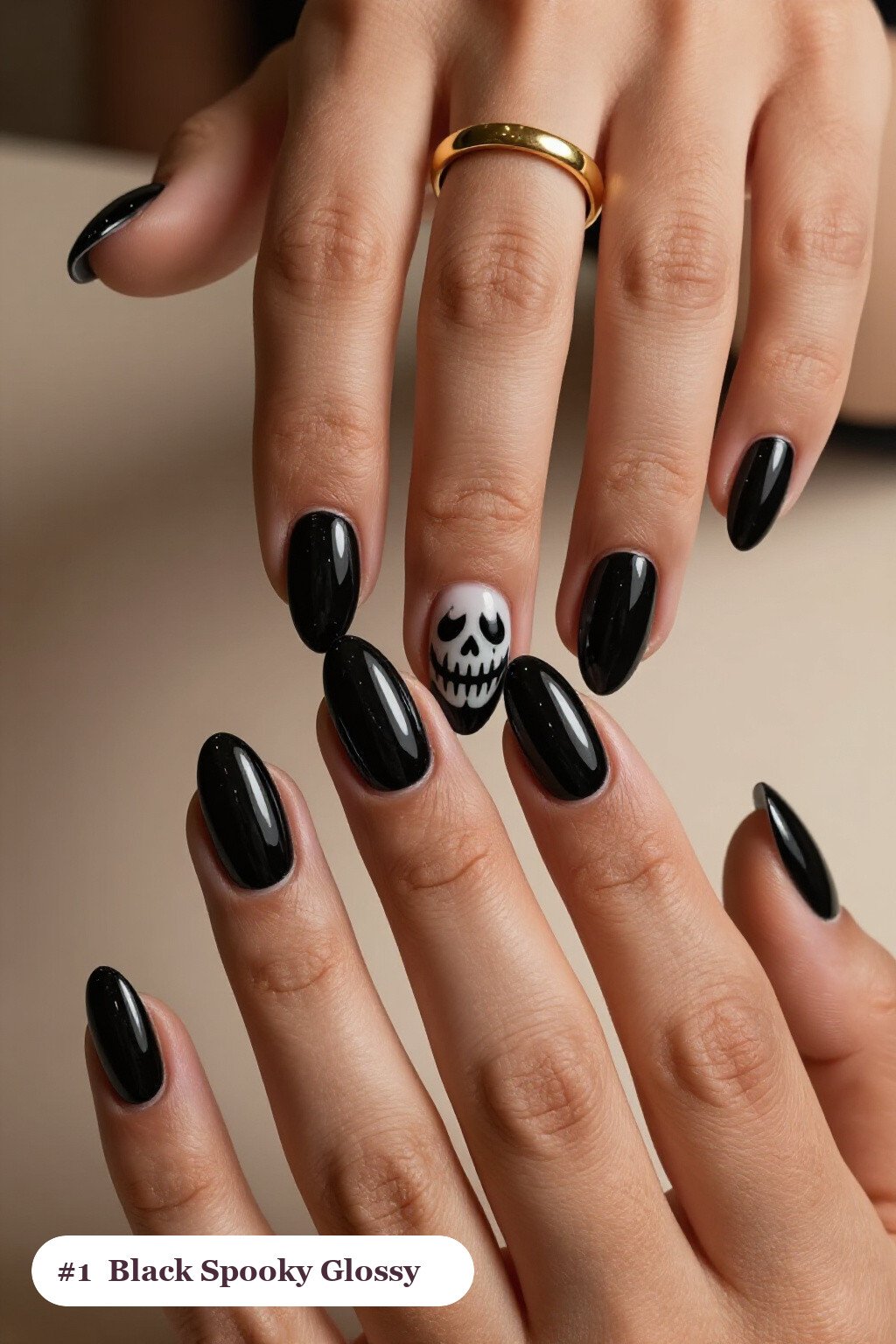 Medium almond black spooky nails in a flawless mirror-glossy full-colour finish, perfect for halloween - spooky halloween nails almond