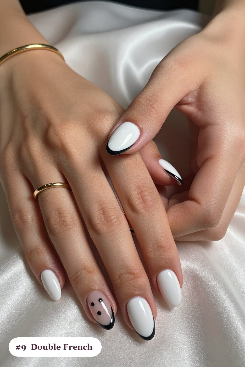 Medium almond bone white spooky nails with double-line french tips in two colours, perfect for halloween - spooky halloween nails almond