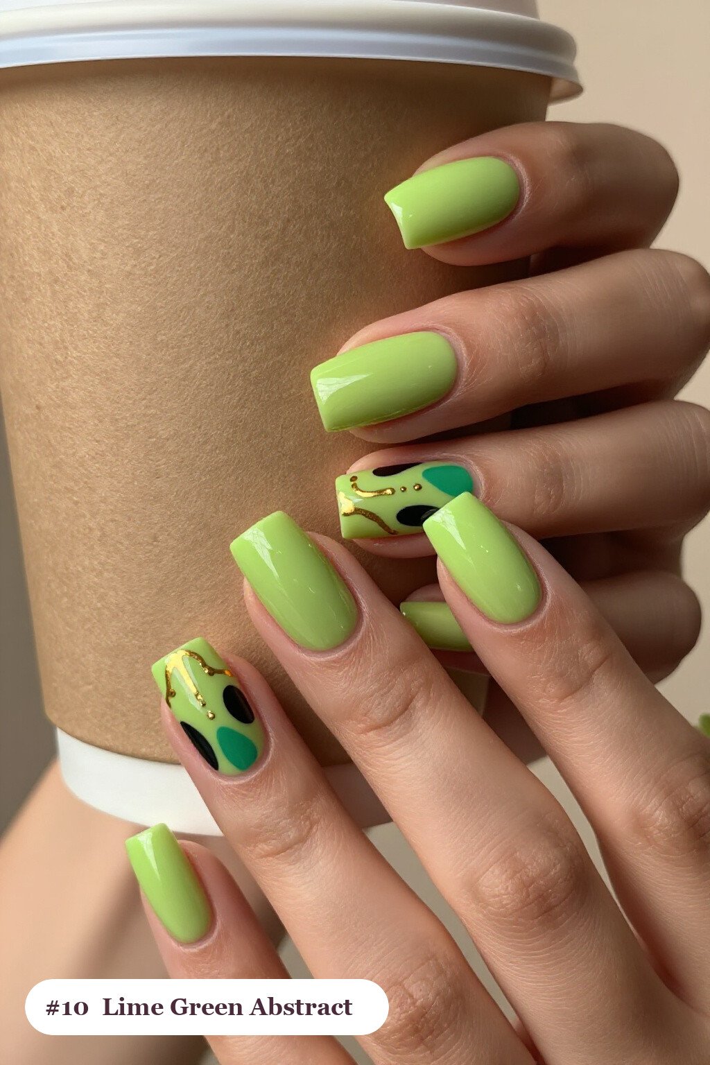 Abstract Lime Green Square Nails with Gold Outlines and Dots - square halloween nails