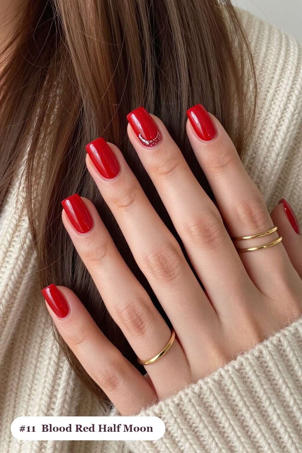 Blood Red Half‑Moon Square Nails with Glitter Crescent - square halloween nails