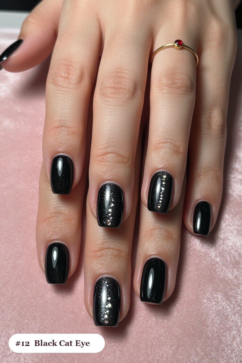Black Square Nails with Central Shimmer Band Gemstone Look - square halloween nails