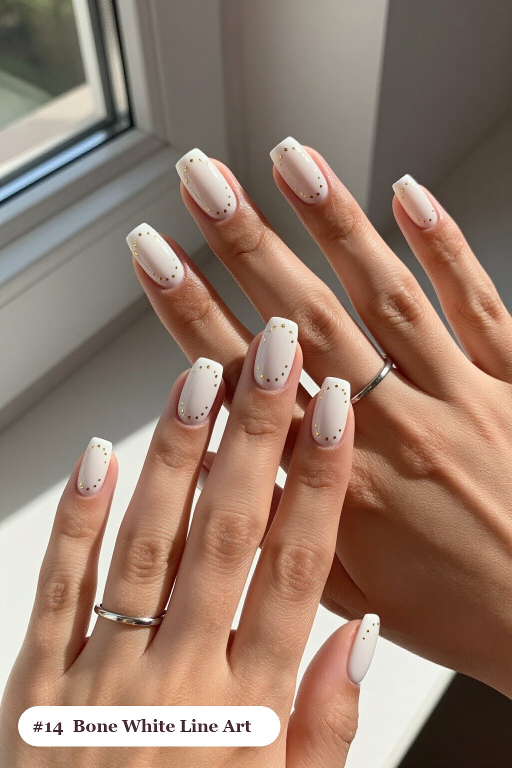Bone White Square Nails with Delicate Gold Line Art - square halloween nails