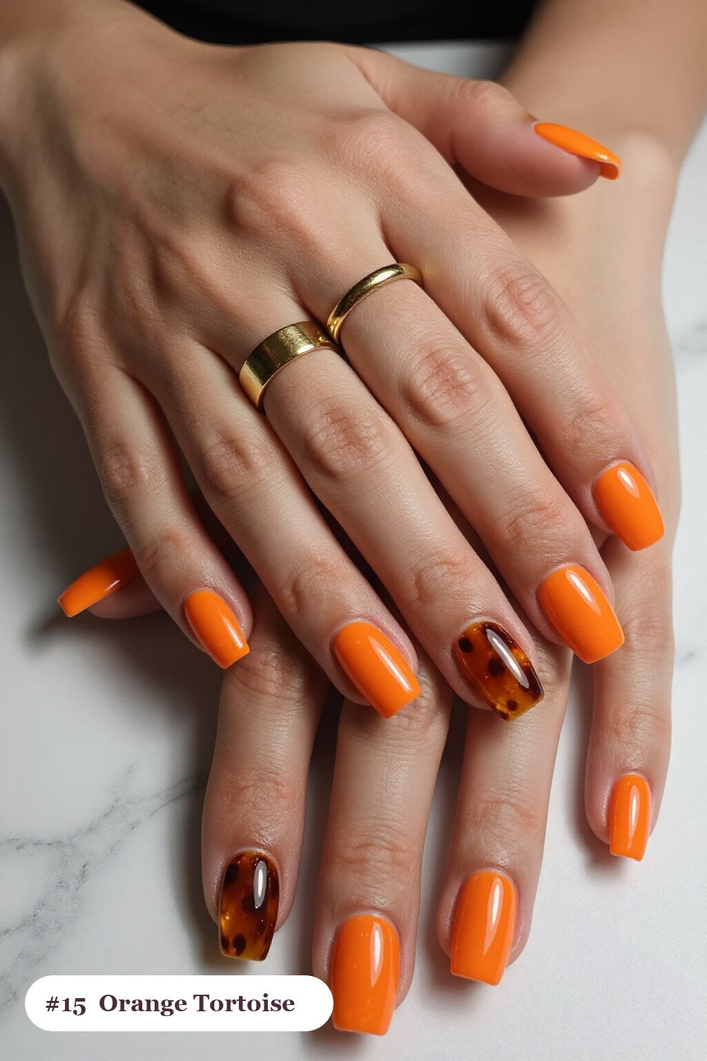 Orange Square Nails with Amber Tortoiseshell Accent - square halloween nails