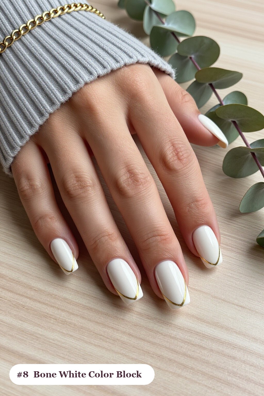 Bone White Diagonal Color‑Block Square Nails with Gold Accent - square halloween nails