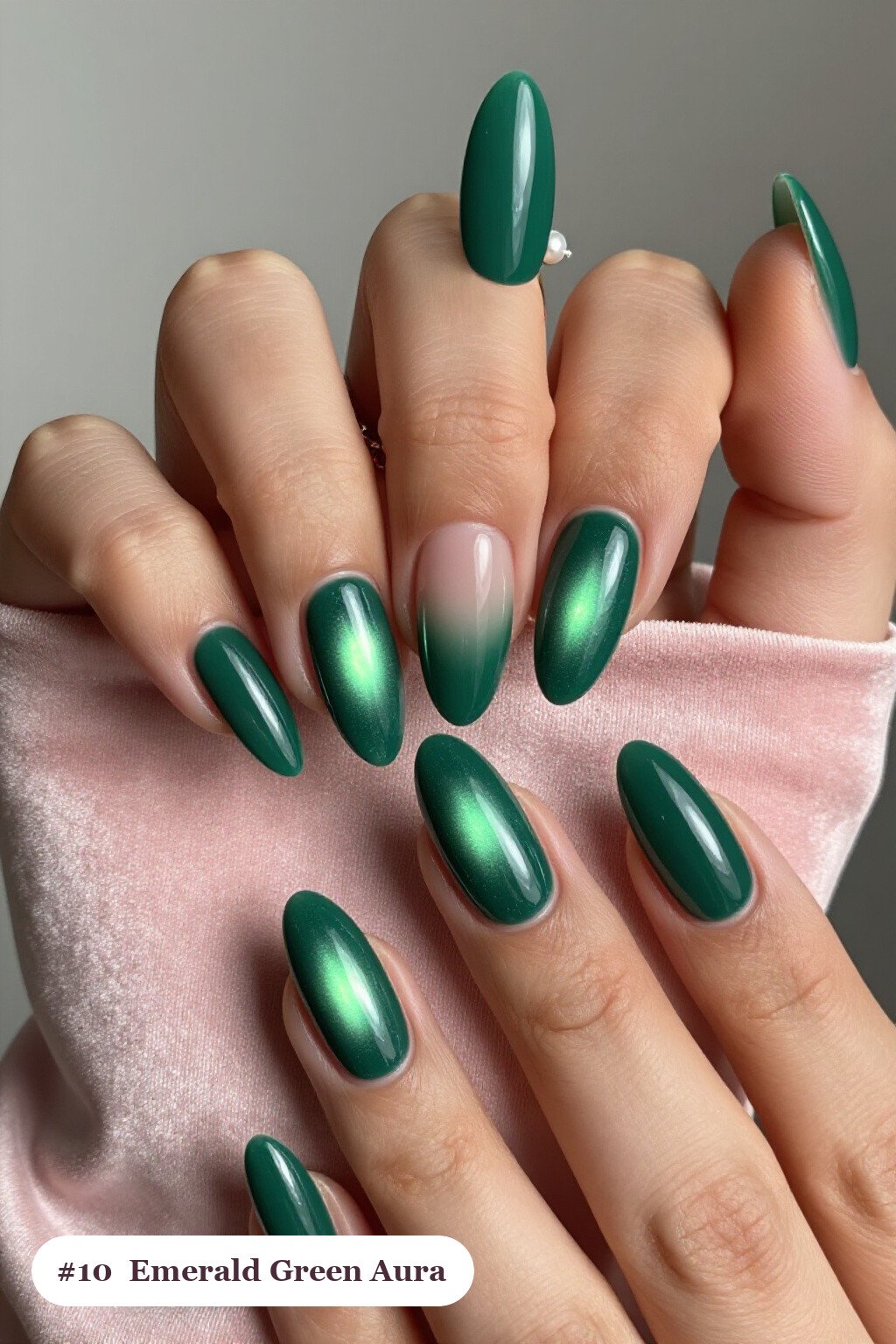 Long almond emerald green nails with a glowing airbrushed aura in the centre of each nail, thanksgiving style - thanksgiving acrylic nail ideas