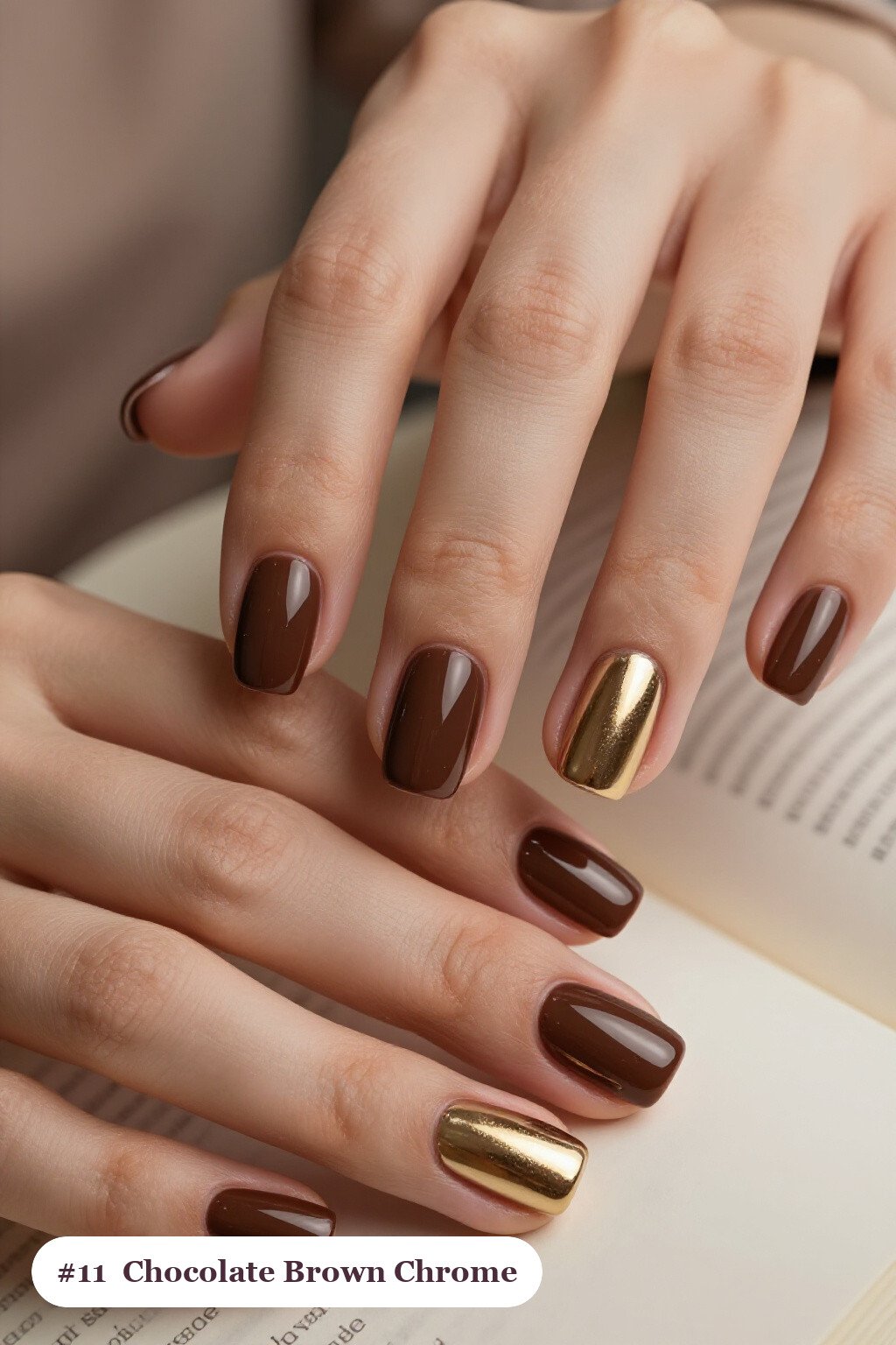 Short square chocolate brown nails with a liquid chrome mirror finish and bright metallic highlights, thanksgiving style - thanksgiving acrylic nail ideas