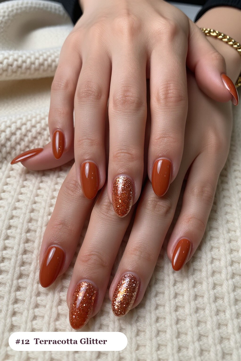 Medium coffin terracotta nails with a sparkling glitter gradient rising from the cuticle, thanksgiving style - thanksgiving acrylic nail ideas