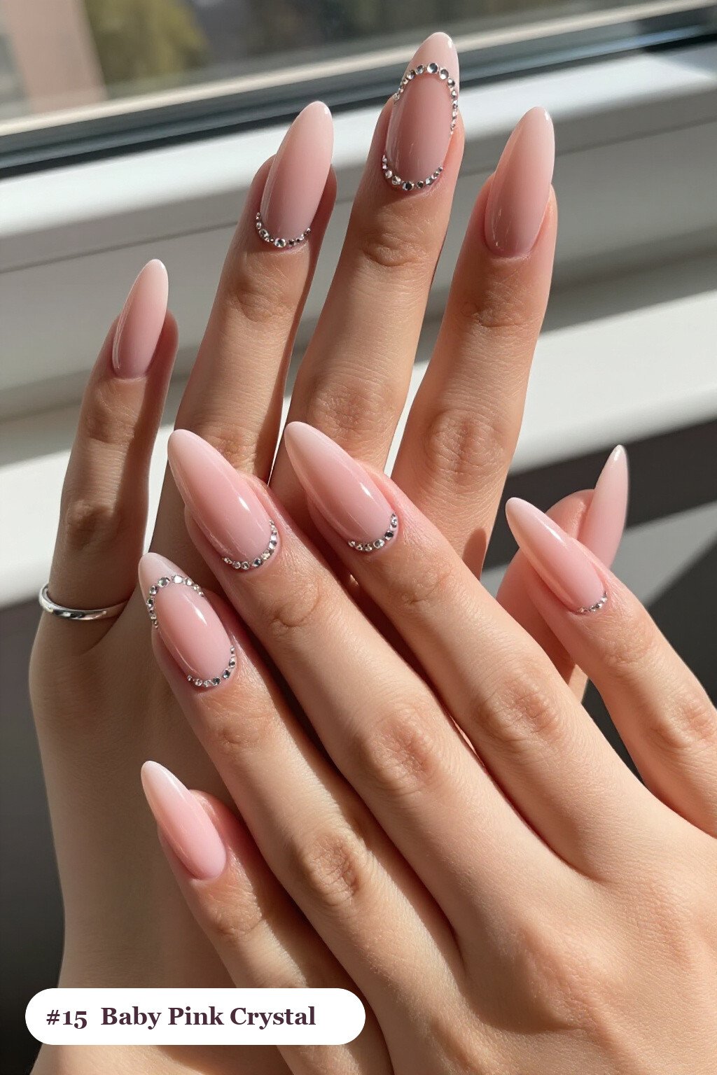 Long coffin baby pink nails with rows of sparkling crystal rhinestones along the cuticle of every nail, thanksgiving style - thanksgiving acrylic nail ideas