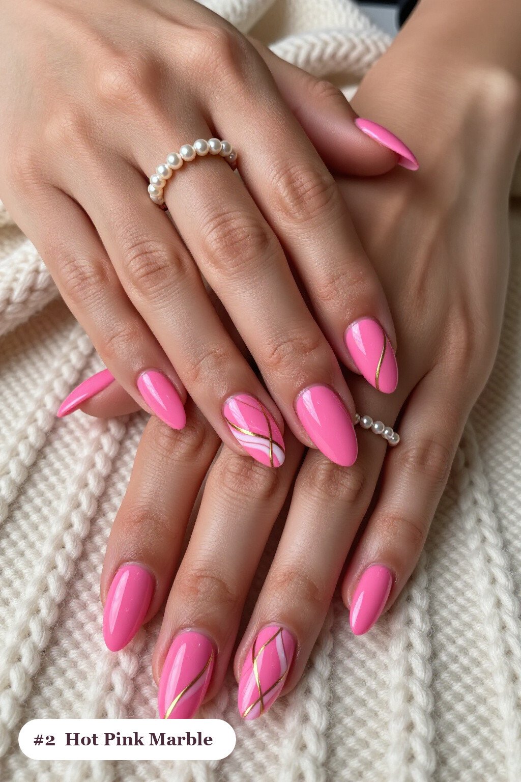 Medium coffin hot pink nails with bold marble veins in white and gold across every nail, thanksgiving style - thanksgiving acrylic nail ideas