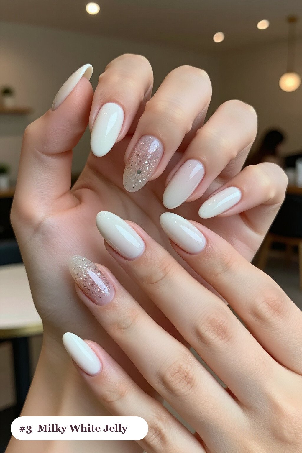 Medium almond milky white nails in a see-through jelly finish with encapsulated glitter, thanksgiving style - thanksgiving acrylic nail ideas