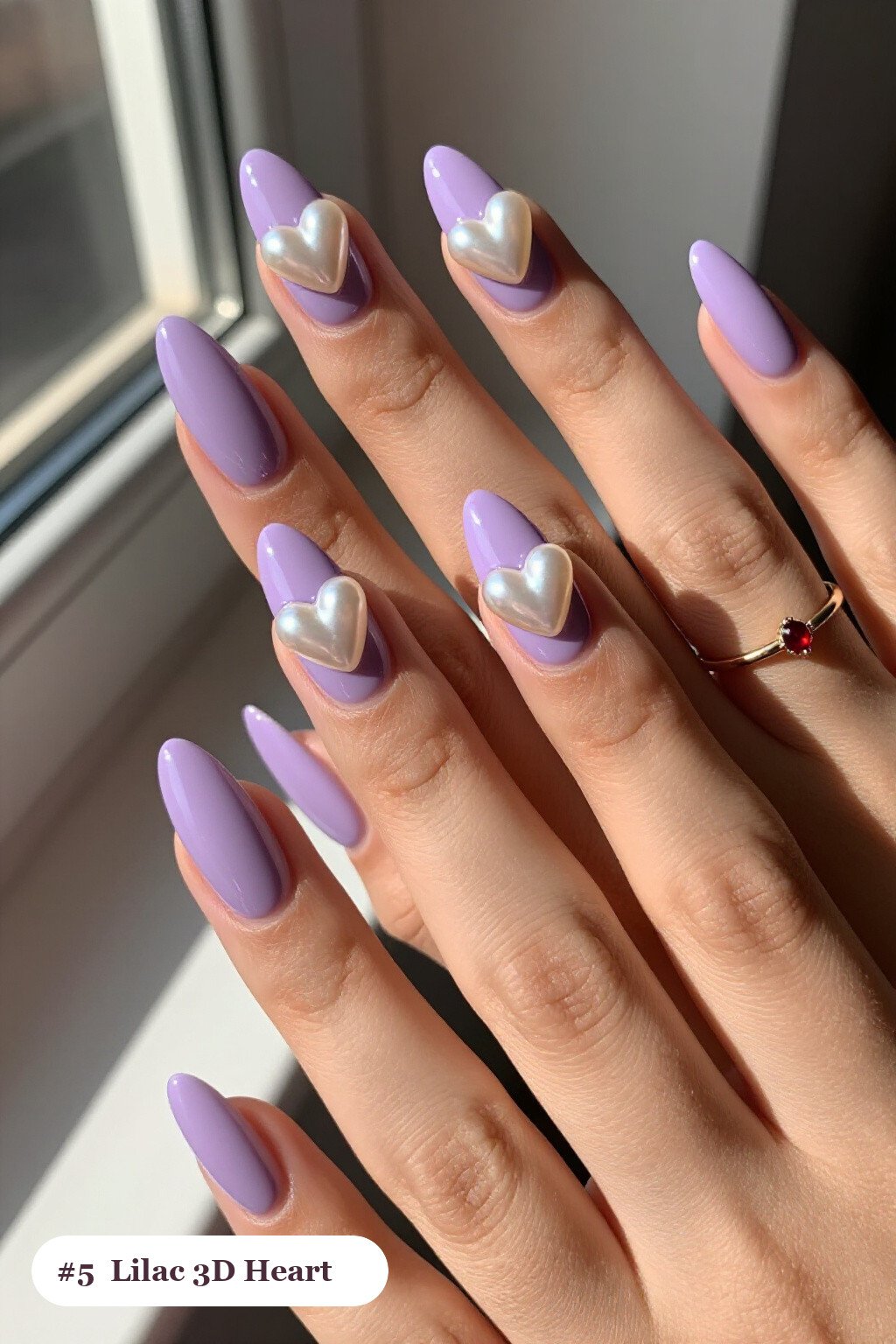 Long coffin lilac nails with chunky 3D gel hearts and pearls on three nails, thanksgiving style - thanksgiving acrylic nail ideas
