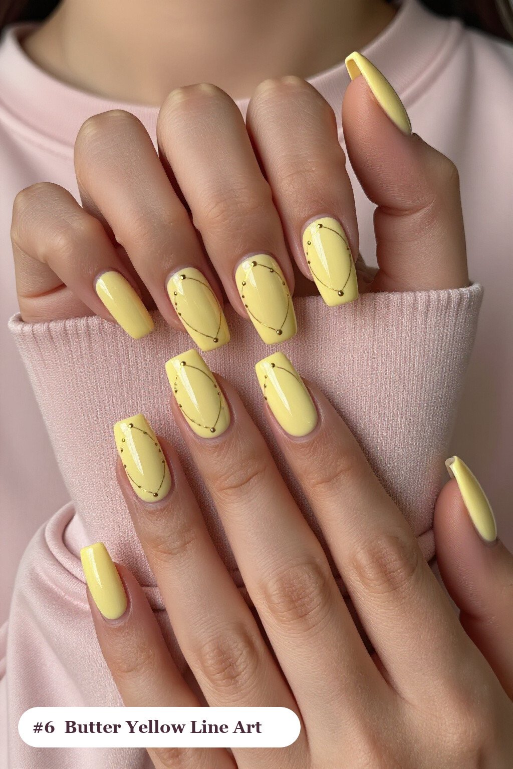Long square butter yellow nails with fine gold line art and tiny dots drawn across every nail, thanksgiving style - thanksgiving acrylic nail ideas