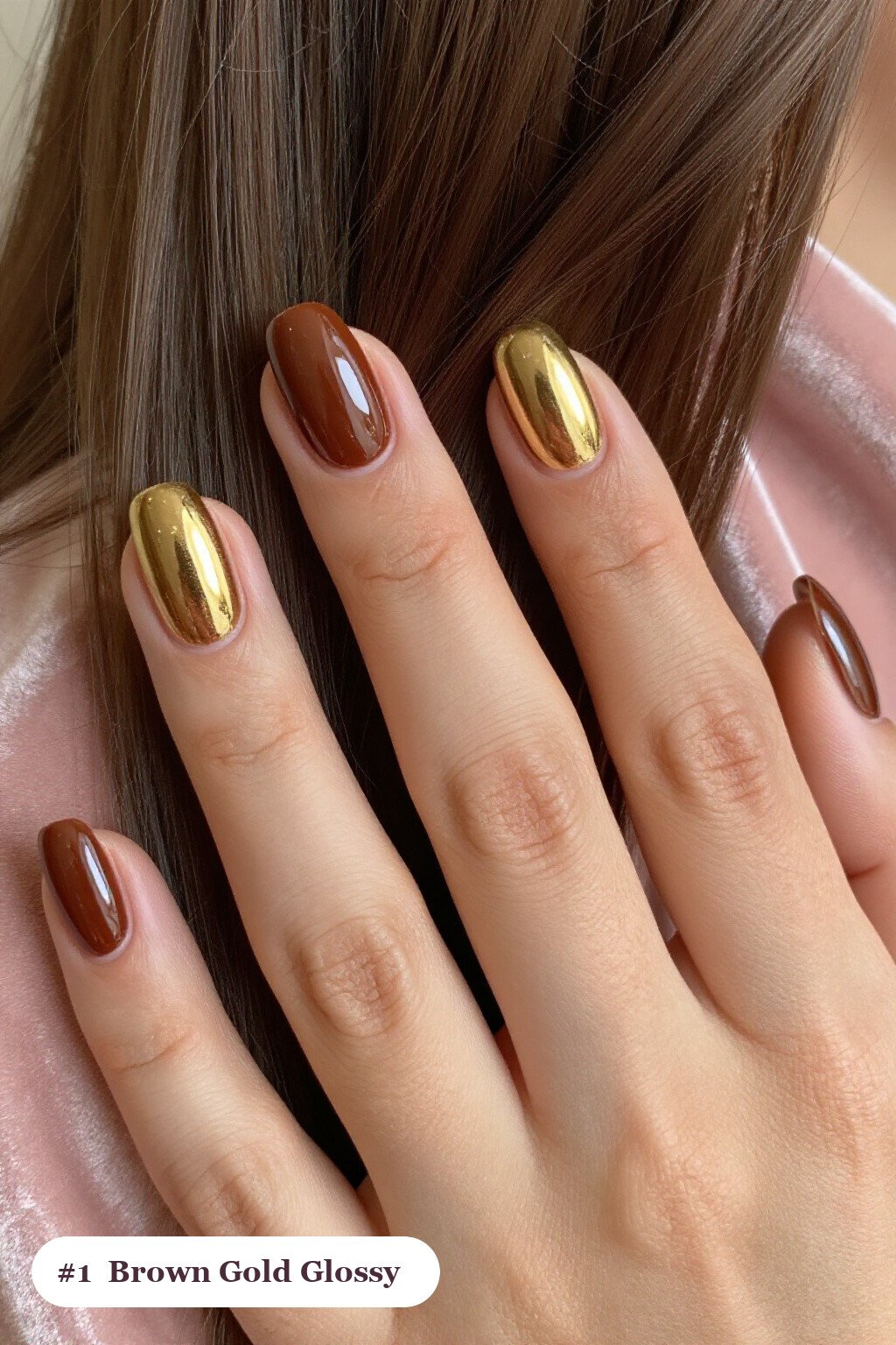 Mirror-Glossy Medium Coffin Nails: Thanksgiving Brown Gold Nail Ideas That Shine - thanksgiving brown gold nail ideas