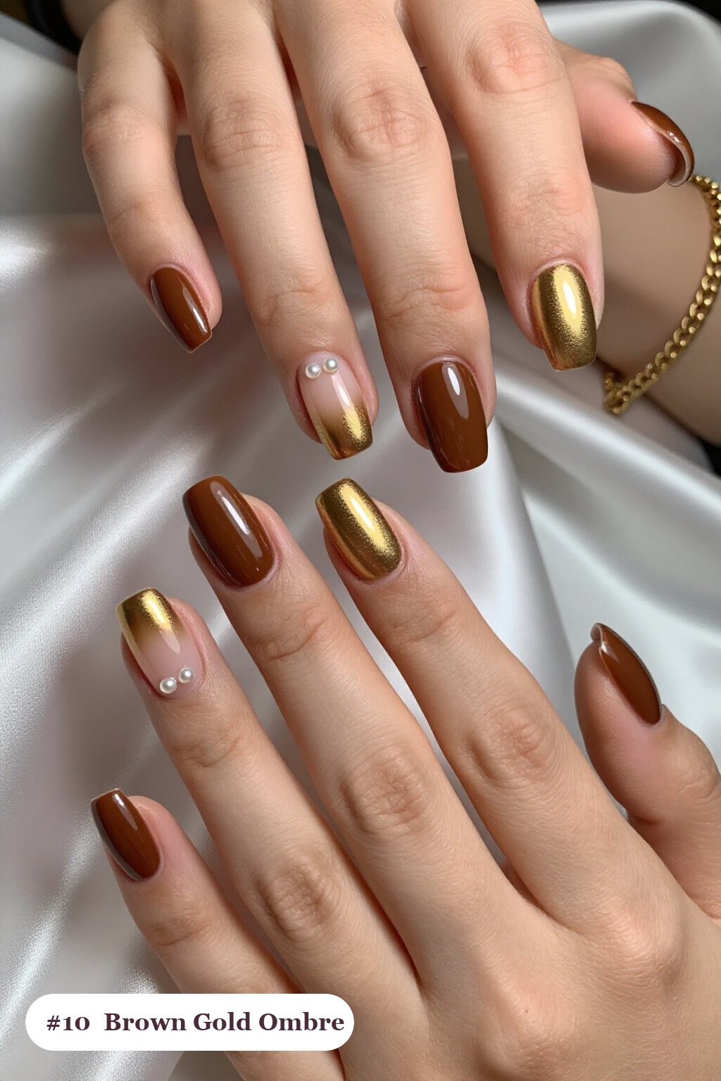 Medium Square Brown Gold Ombre with Pearl Details - thanksgiving brown gold nail ideas