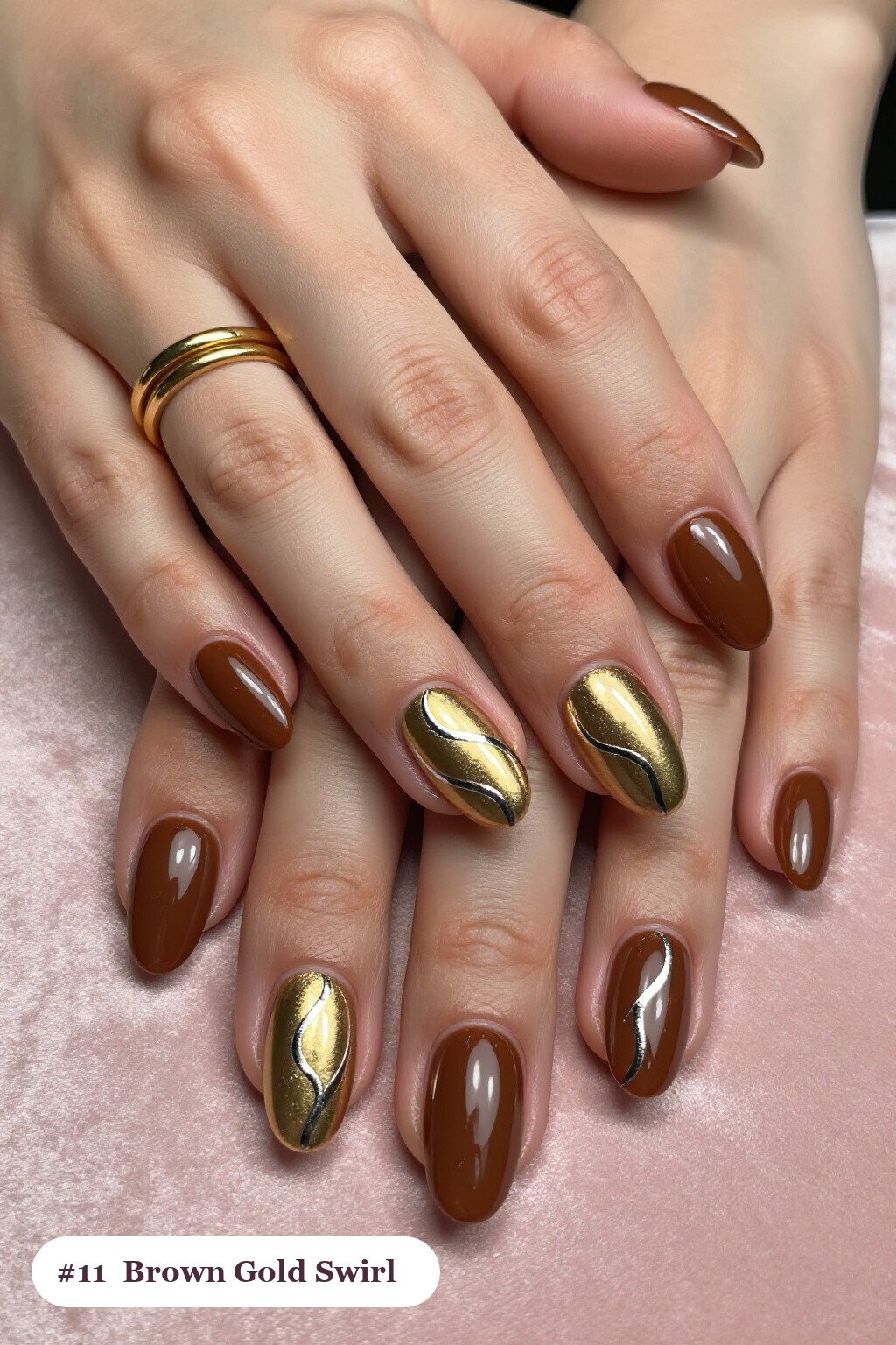 Medium Coffin Brown Gold Nails with Swirl Lines: How to Make Them Last Longer - thanksgiving brown gold nail ideas