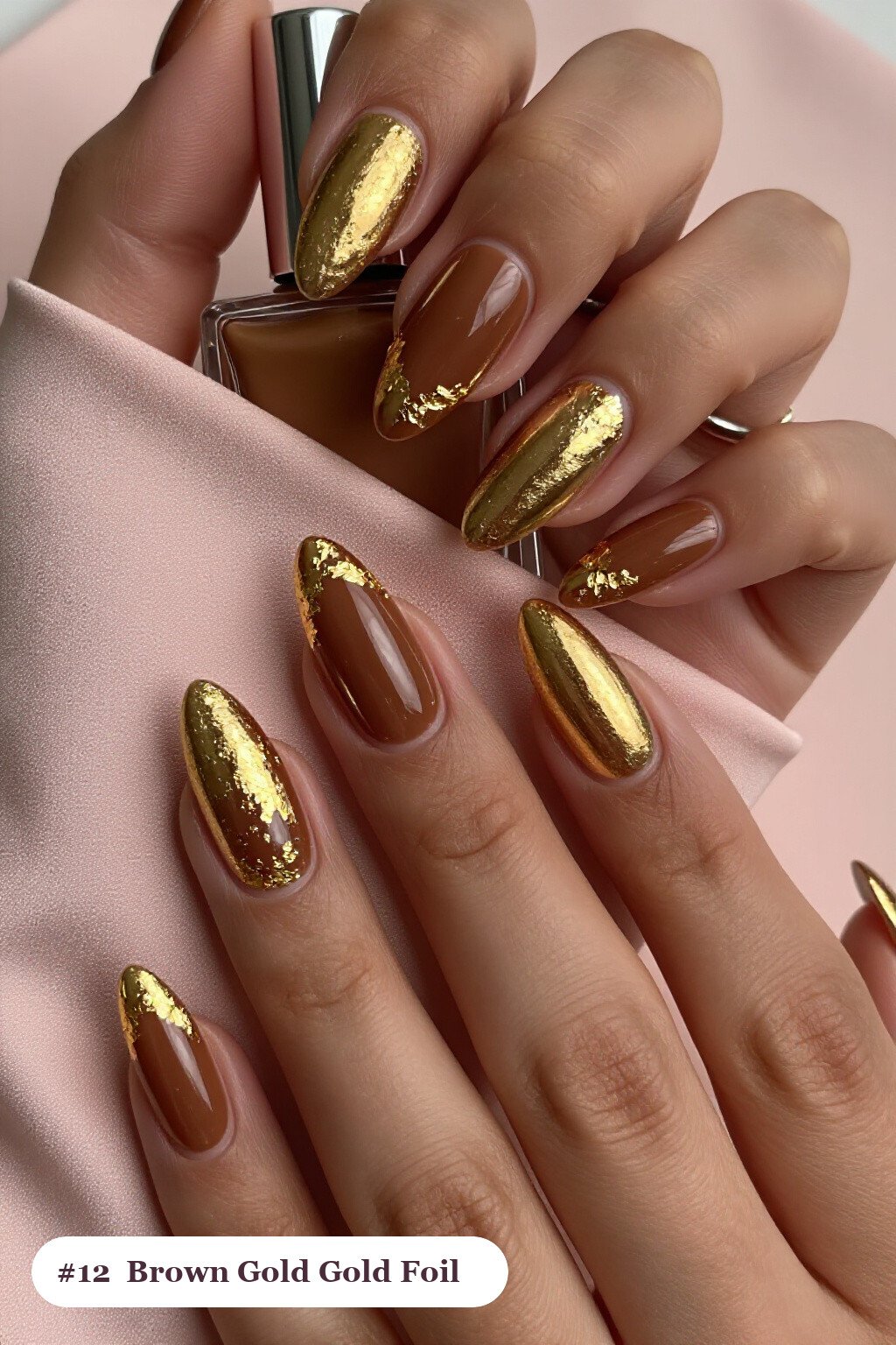 Long Coffin Gold Foil Flakes and Leaf Scattered Across Every Nail - thanksgiving brown gold nail ideas