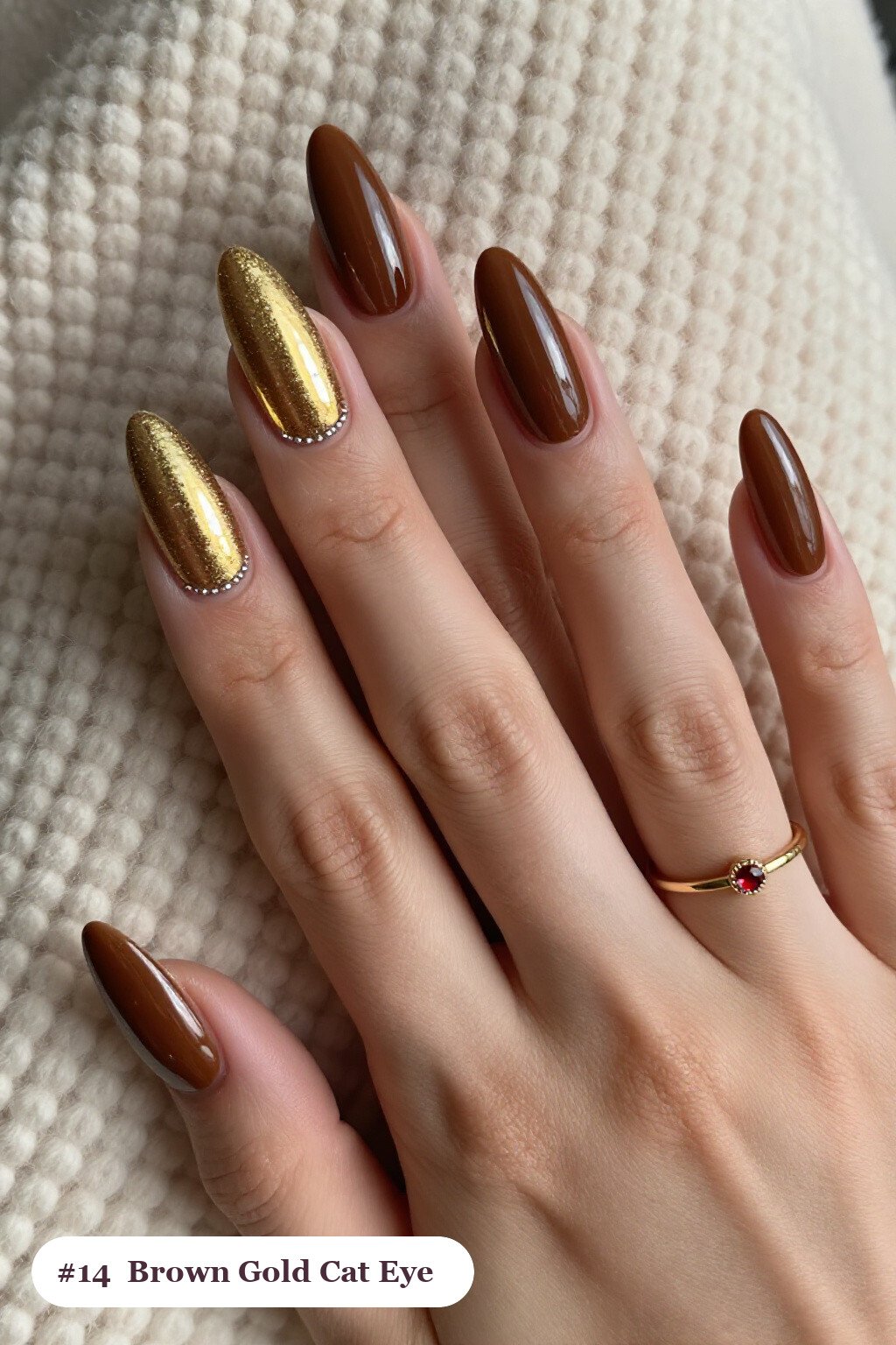 Long Almond Nails with Gemstone‑Like Shimmer Band - thanksgiving brown gold nail ideas