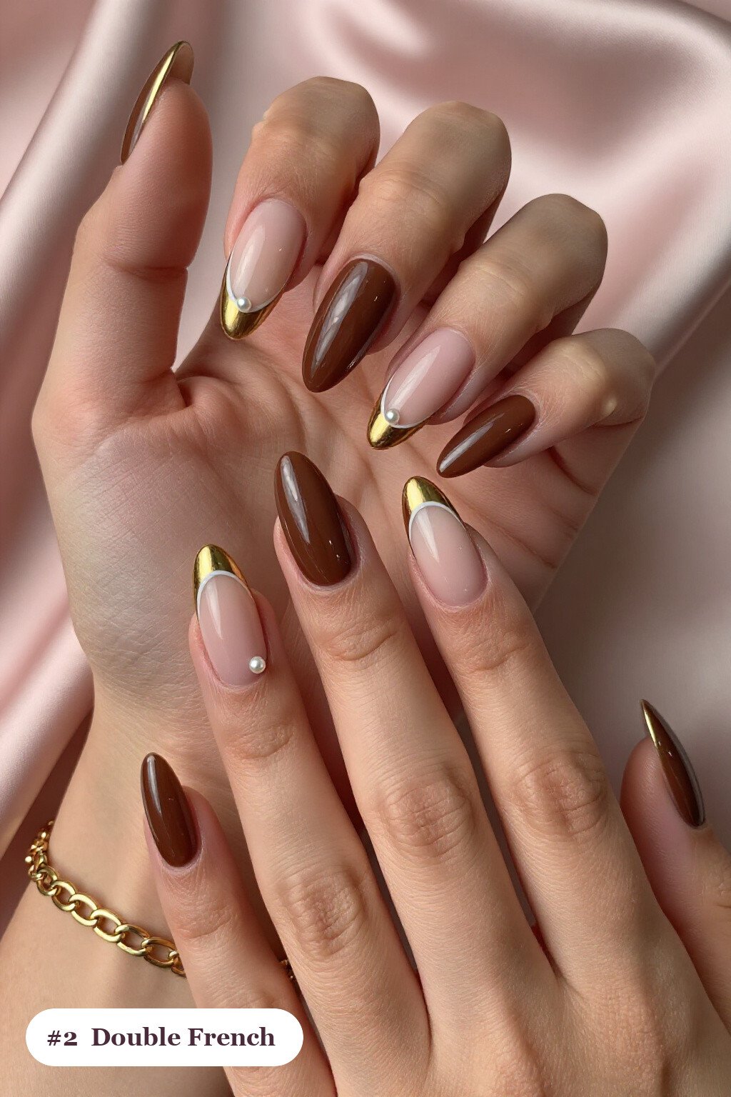 Long Coffin Double-Line French with Pearls: Thanksgiving Brown Gold Nail Ideas - thanksgiving brown gold nail ideas