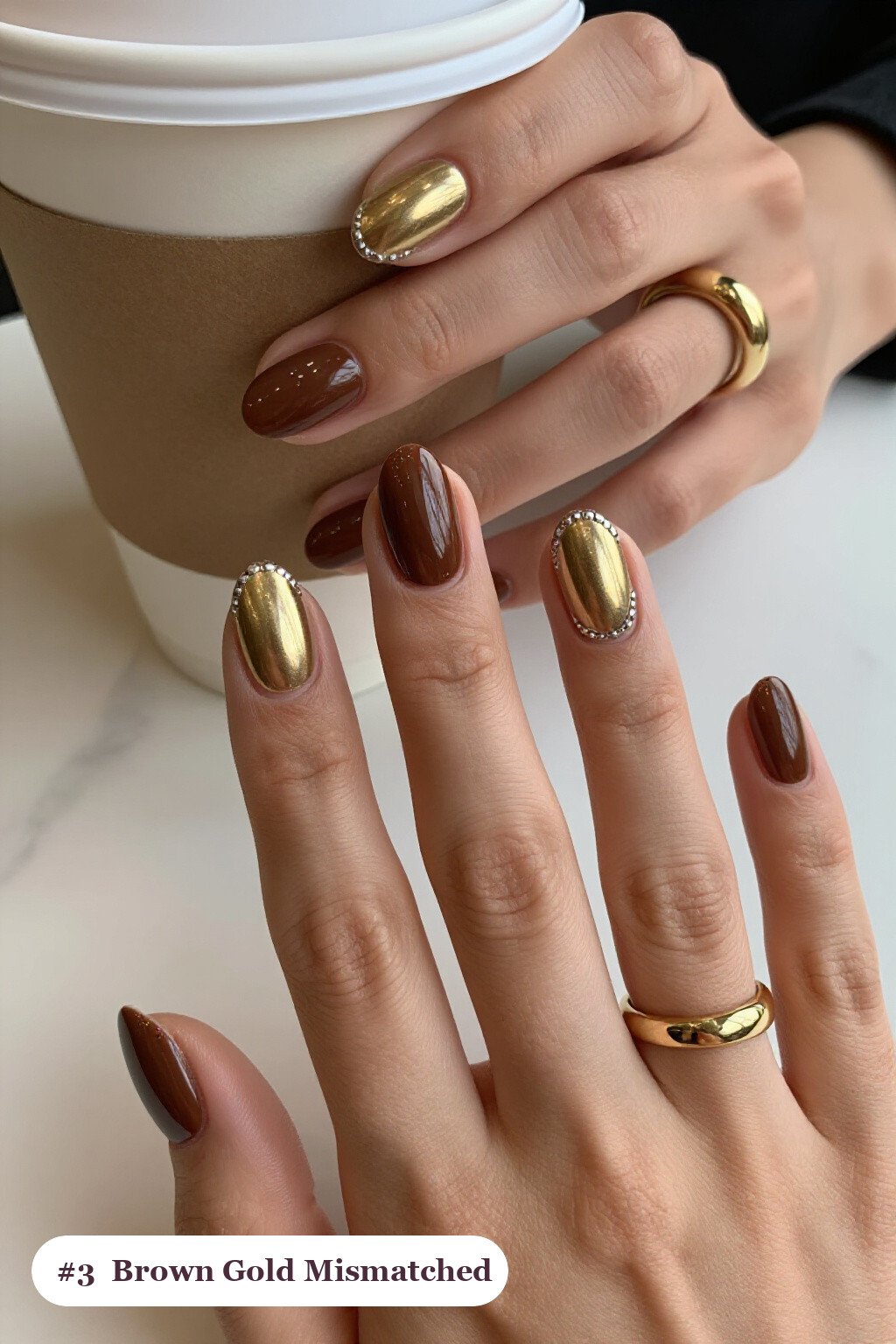 Mismatched Medium Oval Set with Silver Chrome: Thanksgiving Brown Gold Nail Ideas - thanksgiving brown gold nail ideas
