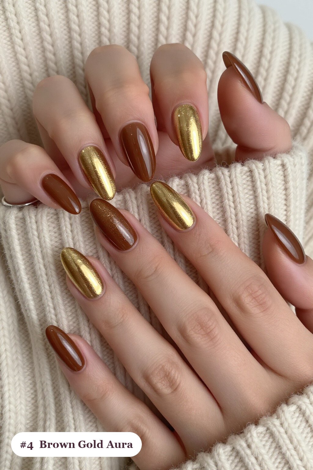 Long Almond Nails with Glowing Airbrushed Aura: Thanksgiving Brown Gold Nail Ideas - thanksgiving brown gold nail ideas