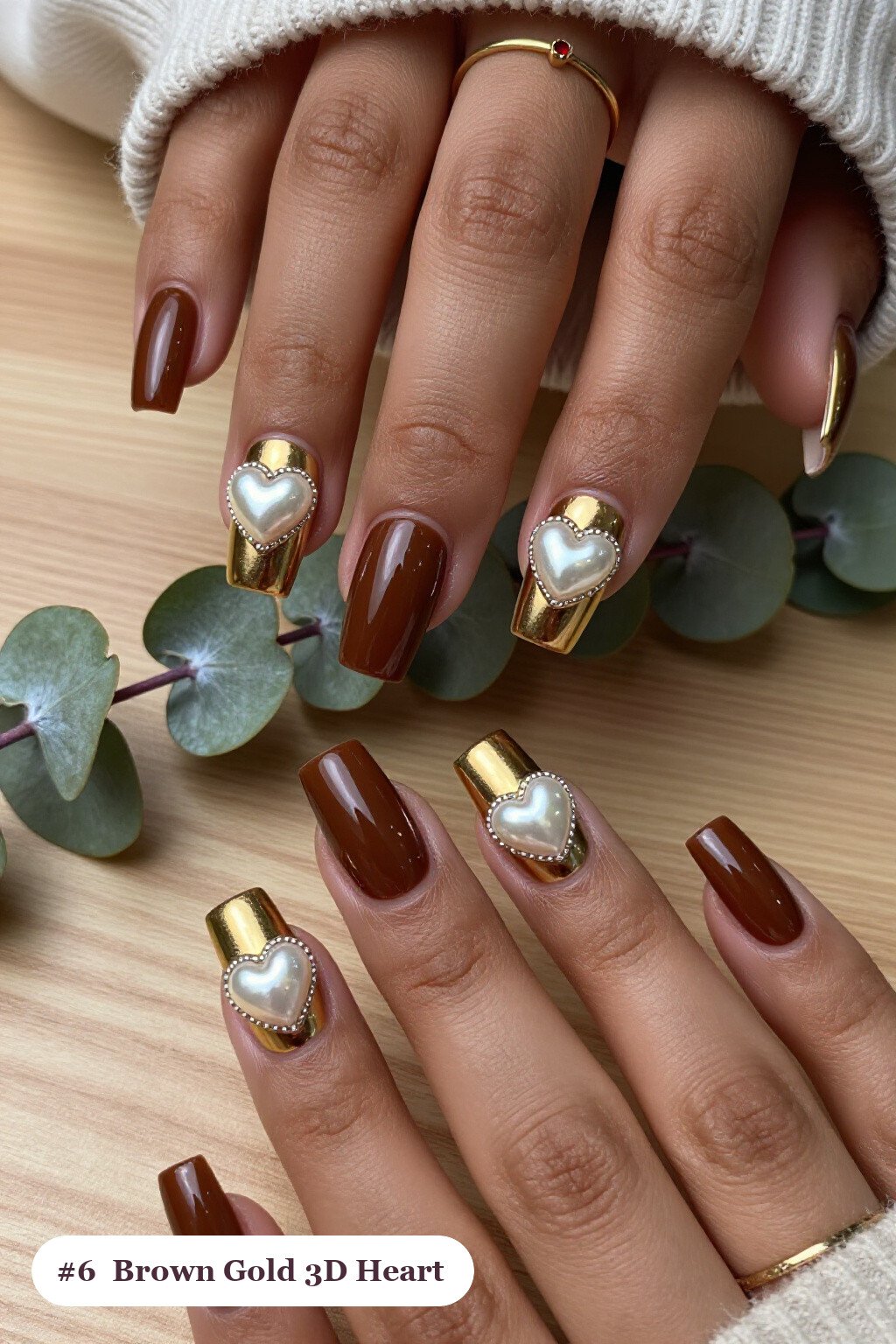 Long Square Brown Gold Nails with 3D Hearts and Pearls: Best Shades for Every Season - thanksgiving brown gold nail ideas