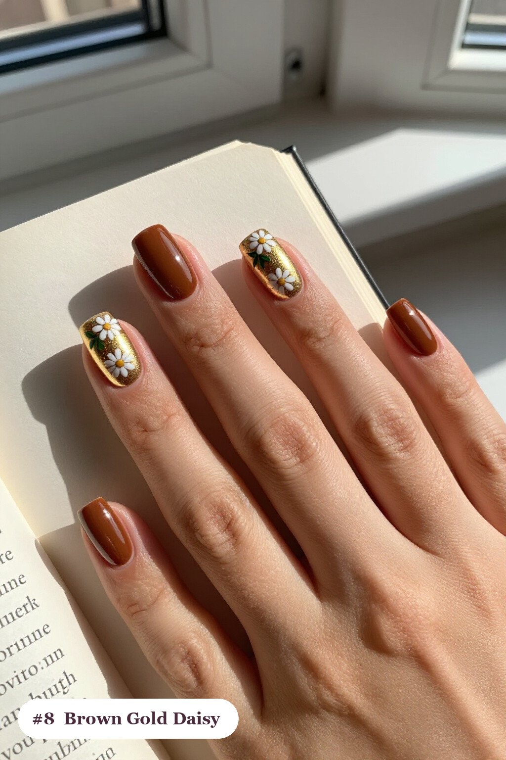 Short Square Brown Gold Nails with Daisies and Leaves: On Short Nails - thanksgiving brown gold nail ideas