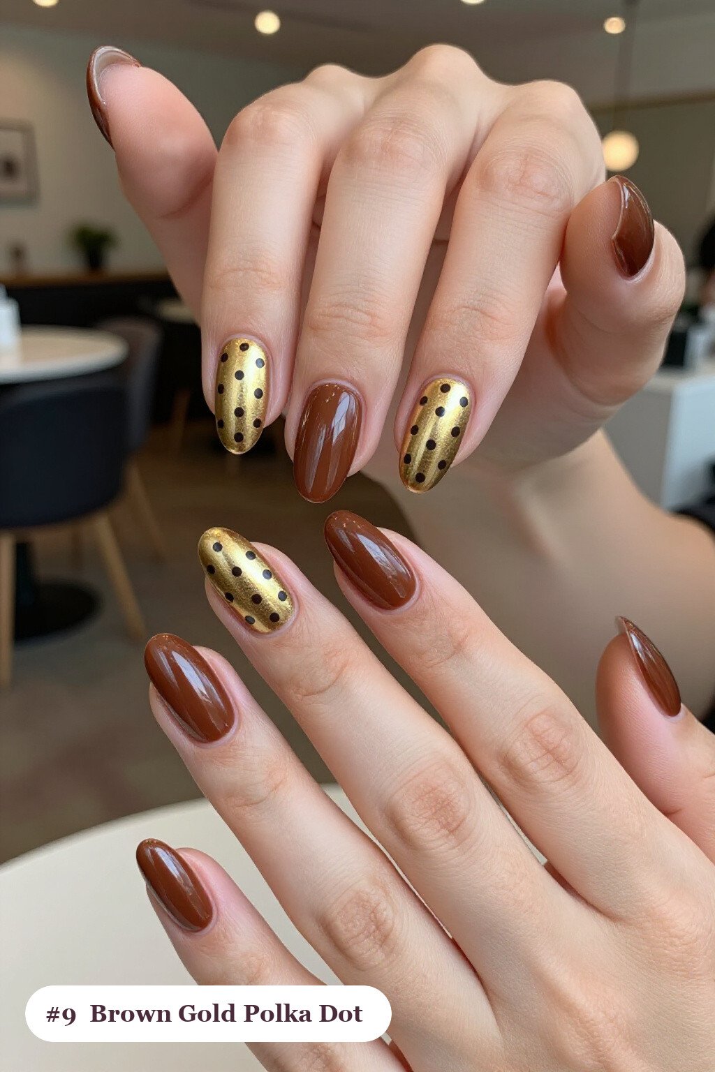 Medium Almond Brown Gold Nails with Playful Polka Dots - thanksgiving brown gold nail ideas