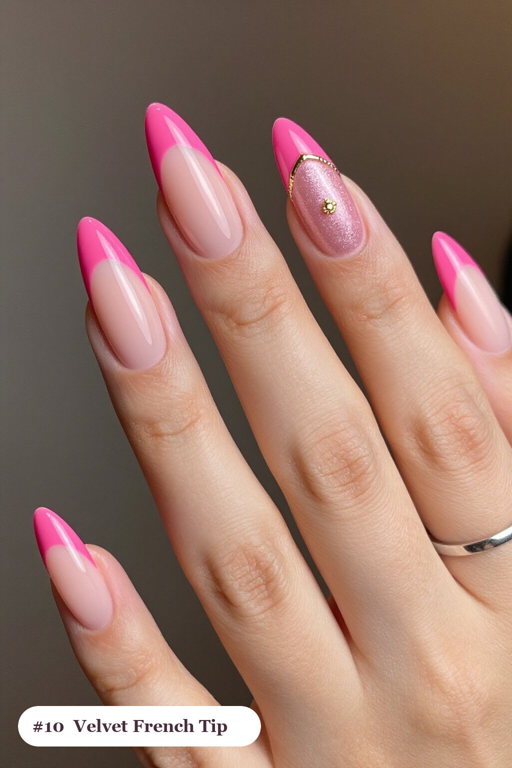 Hot Pink Almond French Tips with Velvet Shimmer & Gold Charm - thanksgiving french tip nails
