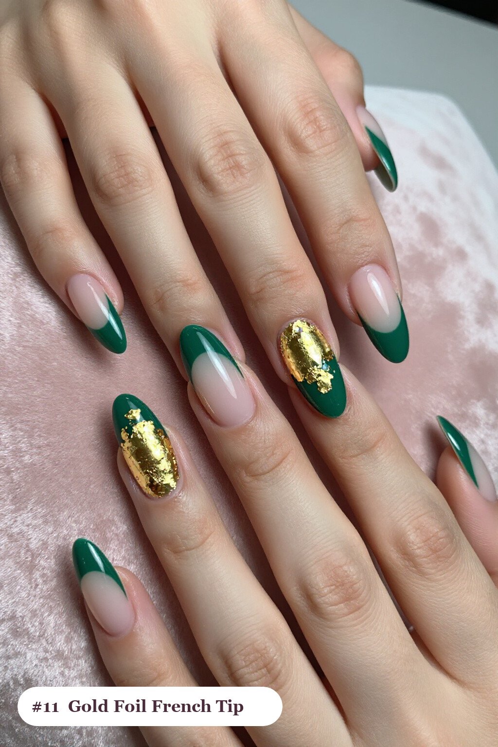 Emerald Green Ballerina French Tips with Gold Foil Flakes: Best Shades for Every Season - thanksgiving french tip nails