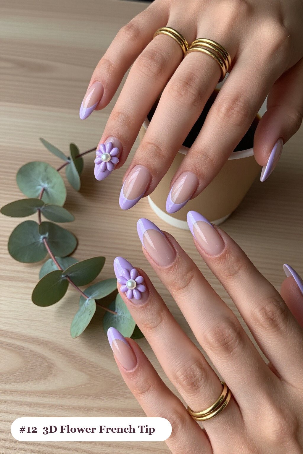 Lavender Coffin French Tips with 3D Pearl Flowers - thanksgiving french tip nails