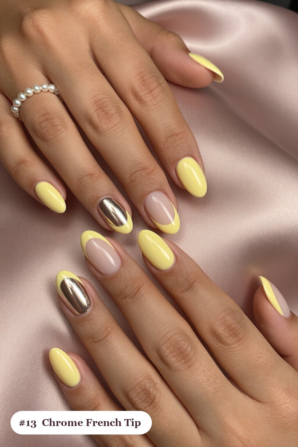 Butter Yellow Oval French Tips with Liquid Chrome Mirror Shine - thanksgiving french tip nails