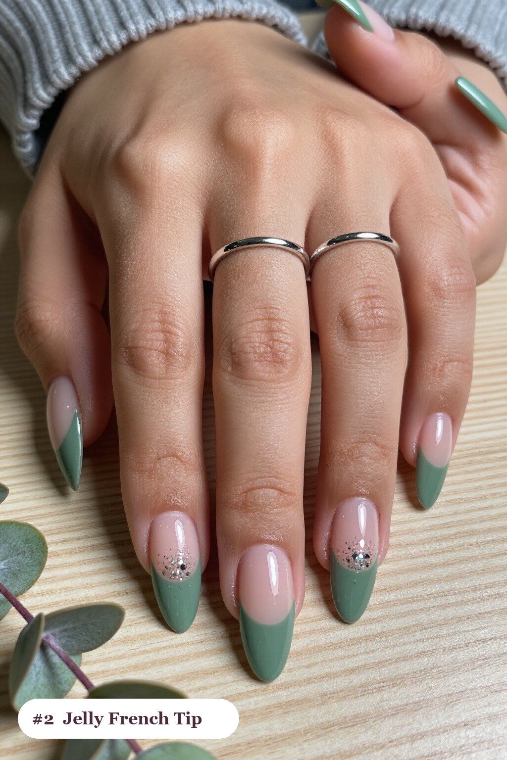 Sage Green Coffin French Tips with Jelly Glitter - thanksgiving french tip nails