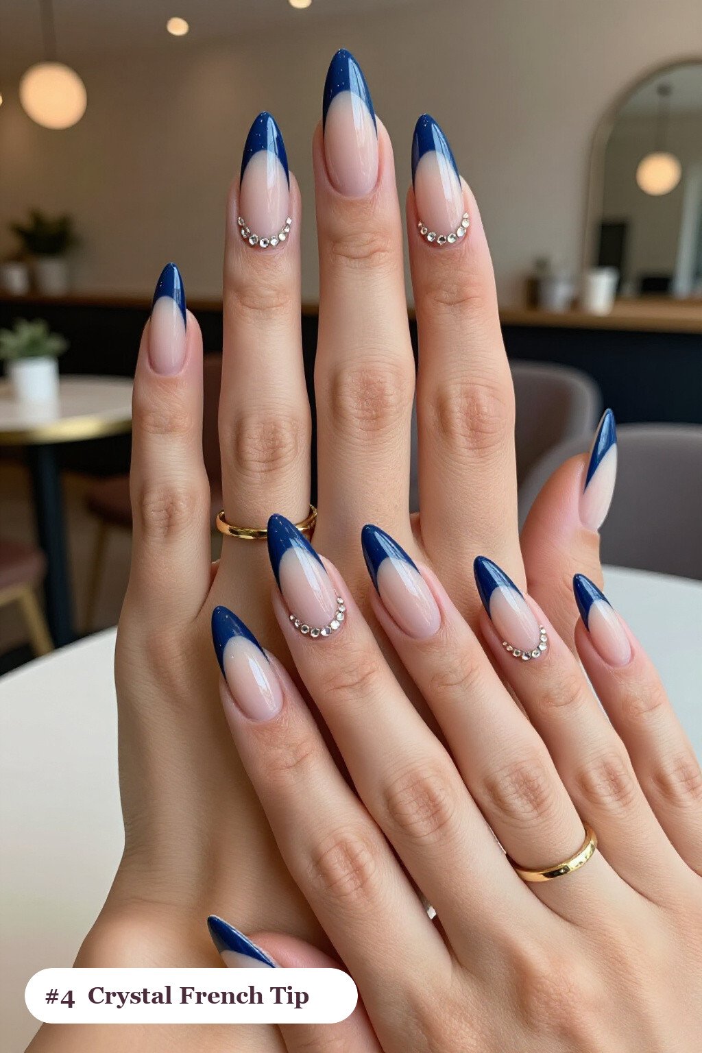 Navy Stiletto French Tips Embellished with Crystal Rhinestones - thanksgiving french tip nails